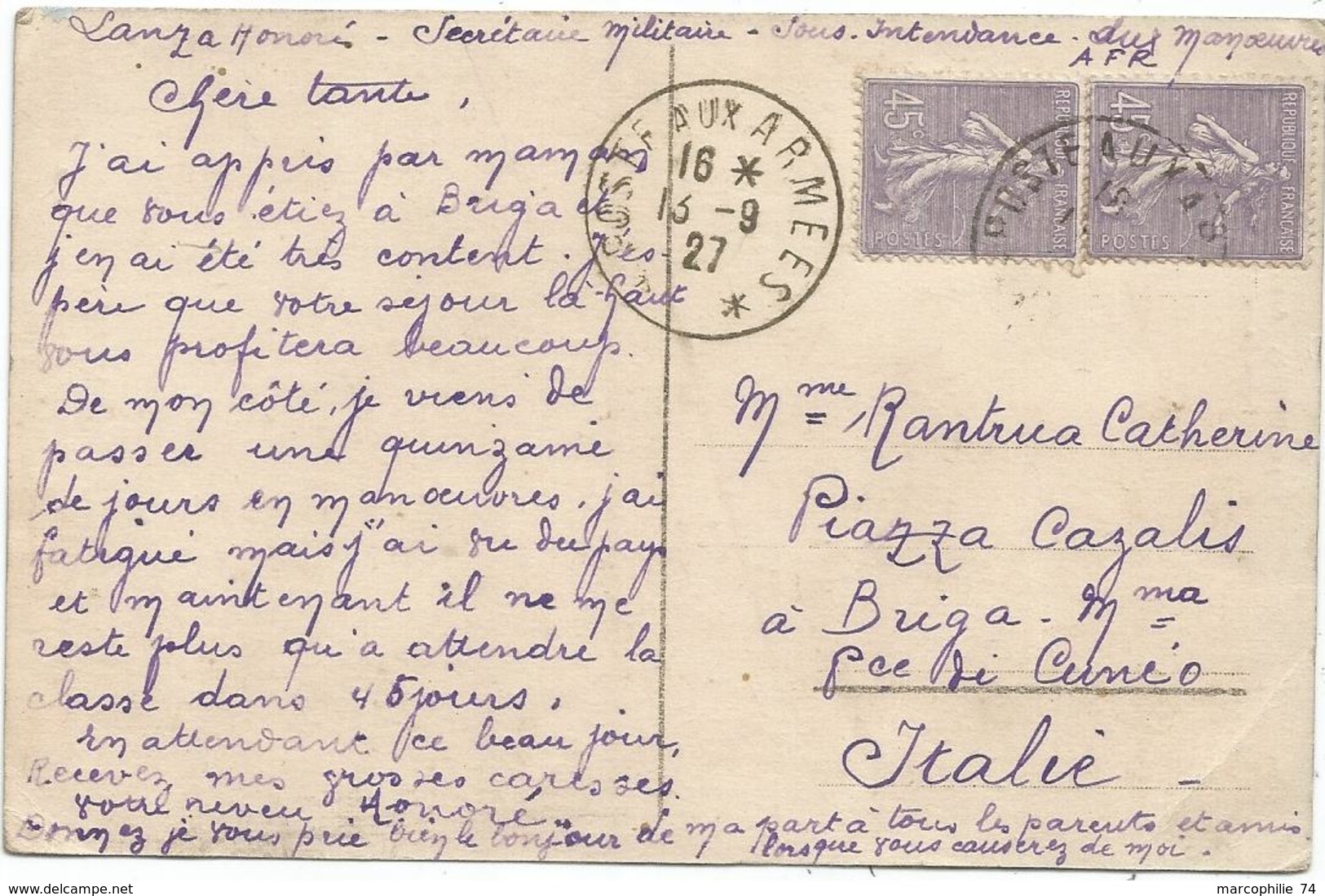 SEMEUSE 45C PAIRE CARTE DUREN ALLEMAGNE POSTE AUX ARMEES 13.9.1927 POUR ITALIE - Bolli Militari A Partire Dal 1900 (fuori Dal Periodo Di Guerra)