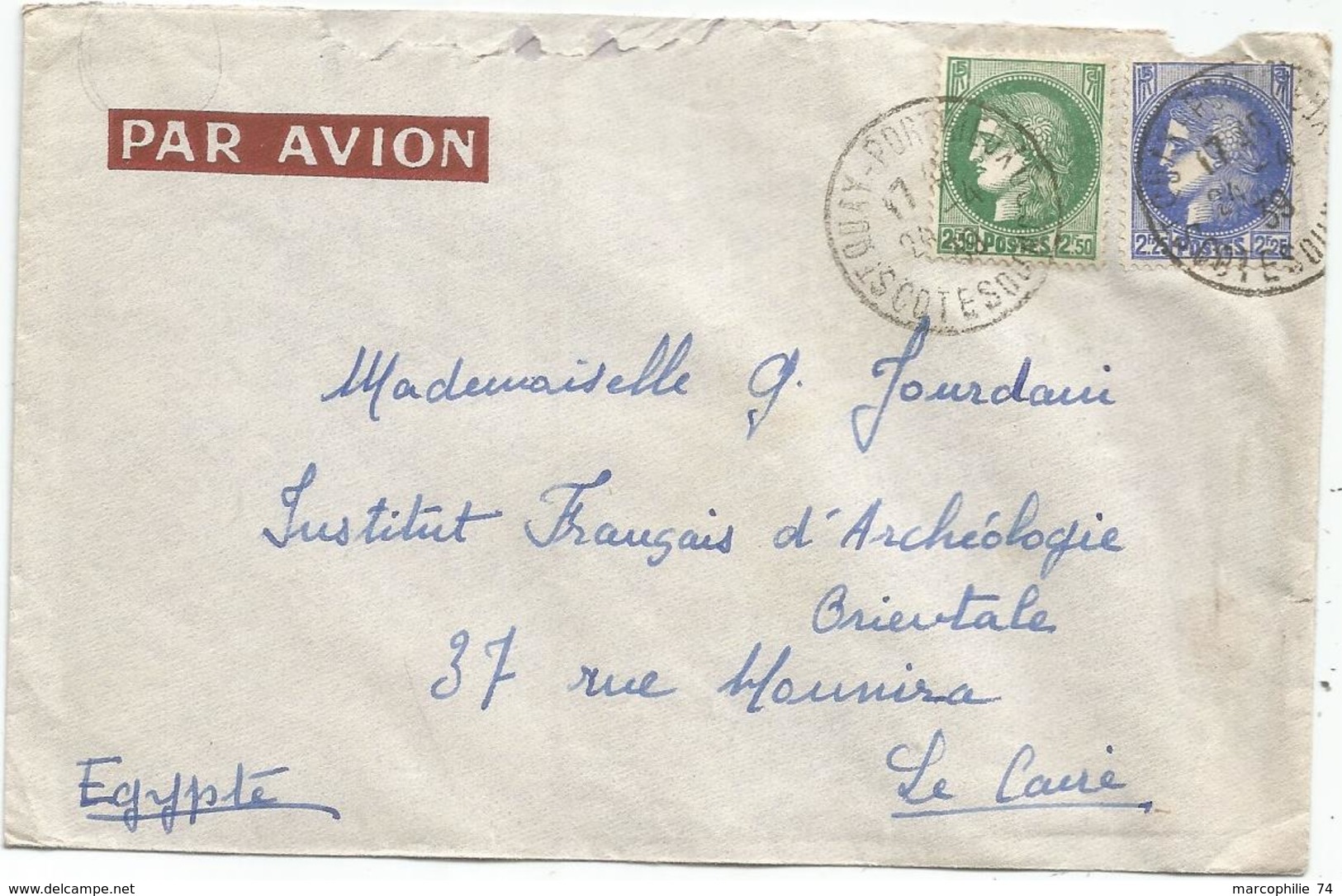 CERES 2FR25+2FR50 VERT LETTRE AVION ST QUAY 24.4.1939 POUR LE CAIRE AU TARIF - Covers & Documents