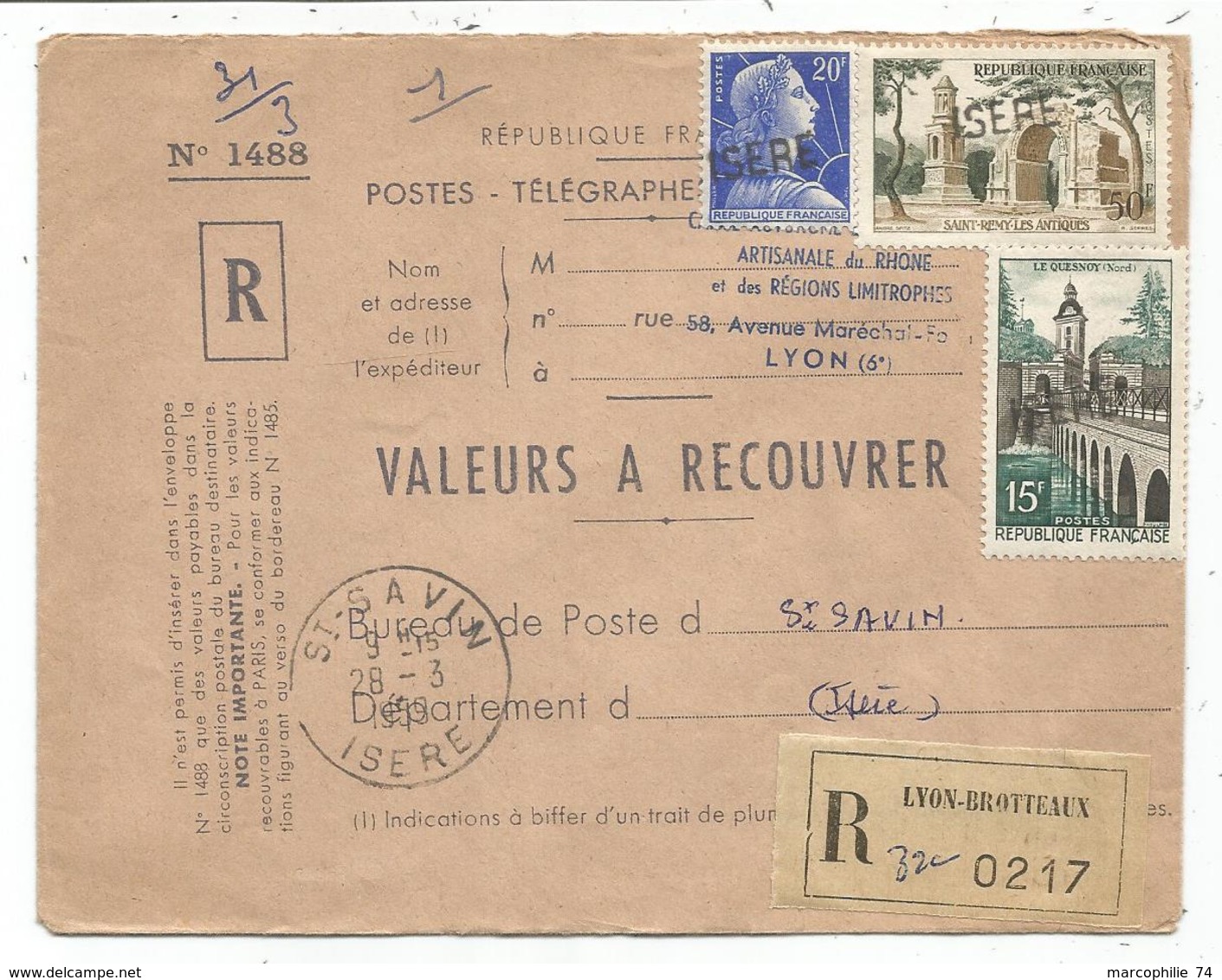 MULLER 20FR+ N°1130+11116 ENVELOPPE VALEURS A RECOUVRER GRIFFE ISERE + TAD A COTE ST SAVIN 28.3.1959 ISERE - 1955-1961 Marianna Di Muller