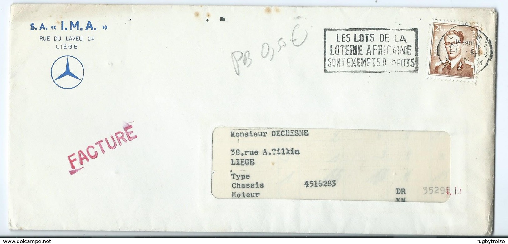 3259 - Enveloppe 1962 MERCEDES Liège - Enveloppe + Facture - Flamme Loterie - Targhette