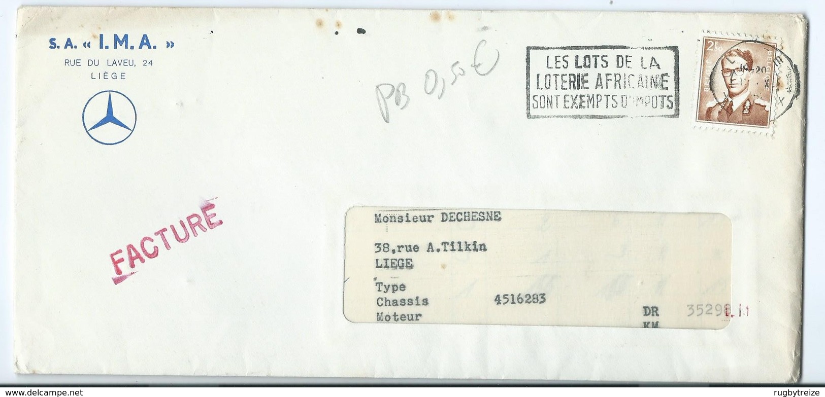 3259 - Enveloppe 1962 MERCEDES Liège - Enveloppe + Facture - Flamme Loterie - Sellados Mecánicos