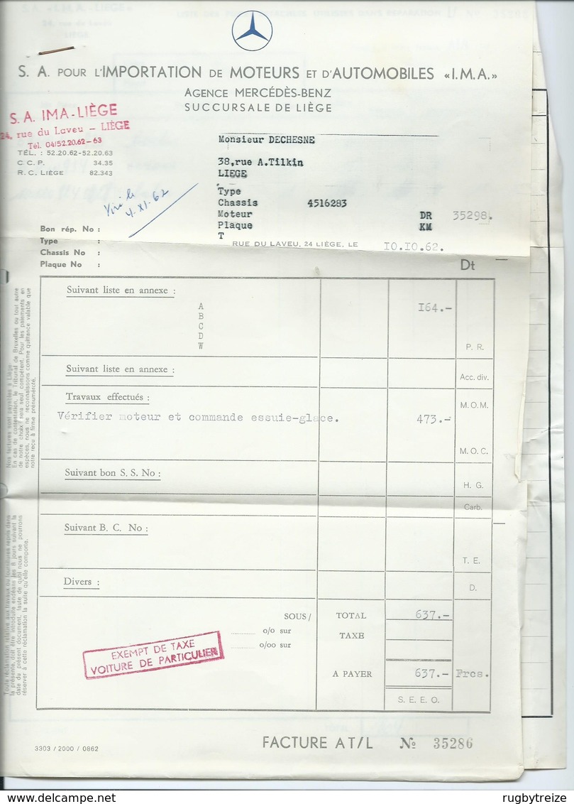 3259 - Enveloppe 1962 MERCEDES Liège - Enveloppe + Facture - Flamme Loterie - Targhette