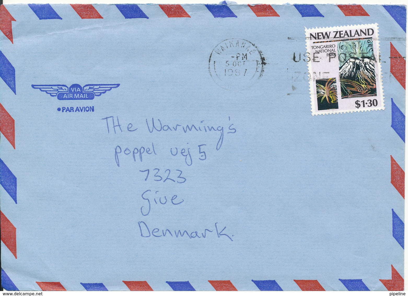 New Zealand Air Mail Cover Sent To Denmark Waikanae 15-10-1987 Single Franked - Poste Aérienne