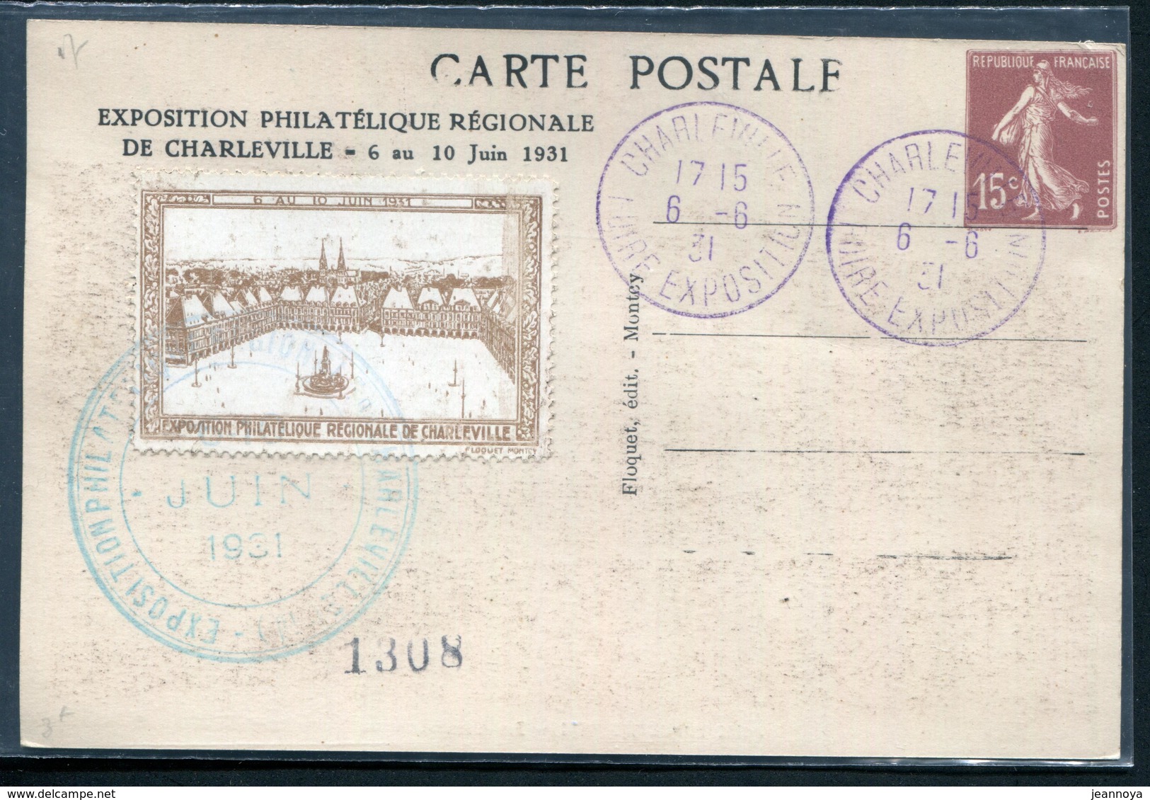 FRANCE - CP TYPE SEMEUSE CAMEÉ 15c BRUN , EXPO. PHILA. CHARLEVILLE DU 6/6/1931 AVEC VIGNETTE - NEUVE & TB - Cartes Postales Types Et TSC (avant 1995)