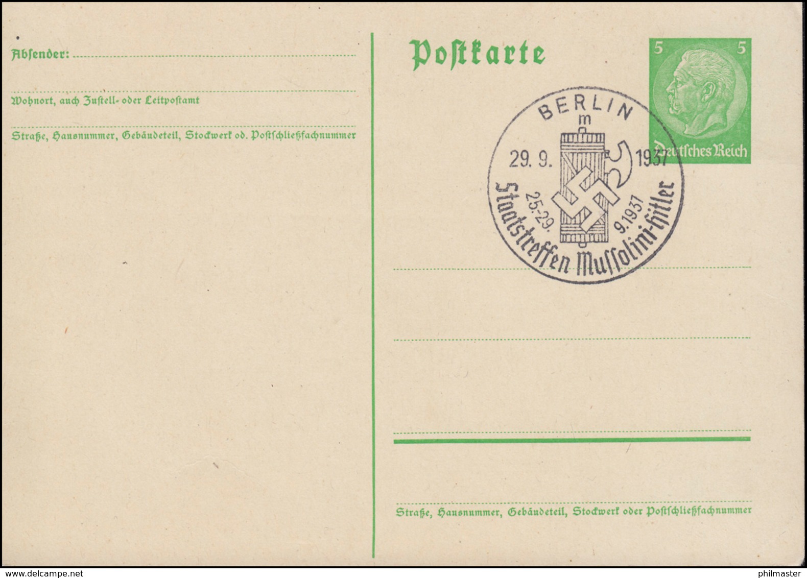 SSt BERLIN 29.9.1937 Staatstreffen Mussolini-Hitler Auf Blanko-Postkarte P 255I - Other & Unclassified