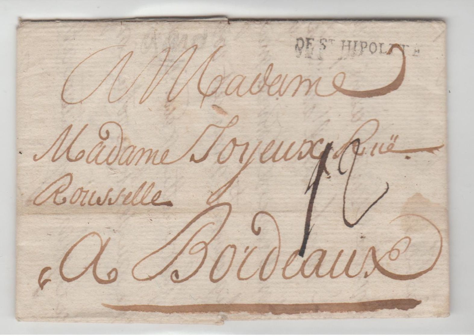 GARD: De St Hippolyte + TM 12 LAC De 1780 Pour Bordeaux TB - 1701-1800: Précurseurs XVIII