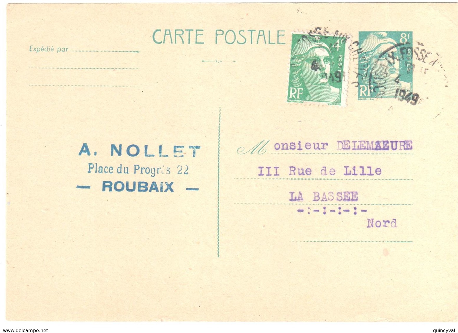 ROUBAIX Fosse Aux Chênes Nord Carte Postale Entier 8F Gandon Turquoise Complément 4F Vert Yv 810-CP1 807 Ob 4/5/1949 - Cartoline Postali E Su Commissione Privata TSC (ante 1995)