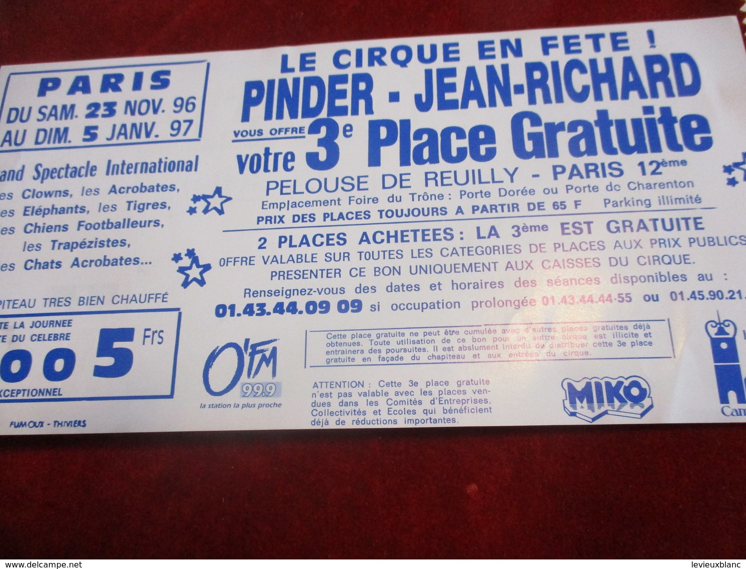 Cirque/ Bon De Place Gratuite/PINDER-Jean RICHARD/Paris, Pelouse De Reuilly/   1996     TCK156 - Tickets D'entrée