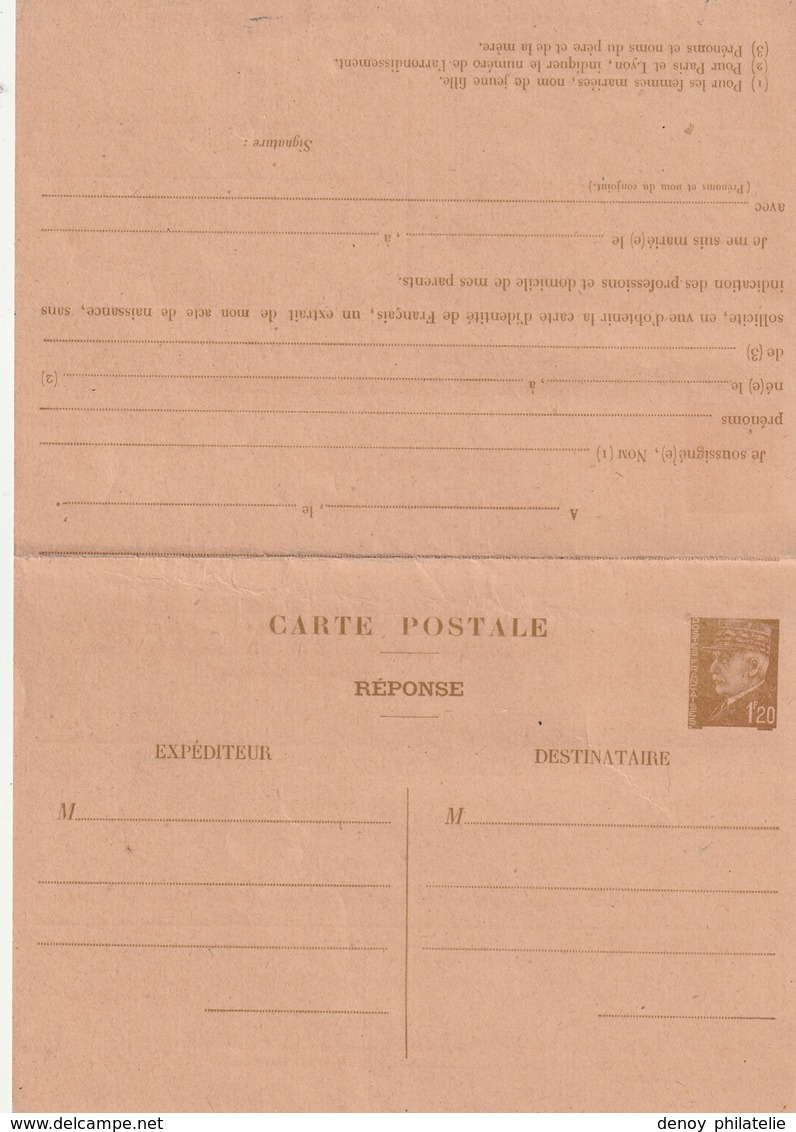 Carte Postale De Service ,acte De Naissance Avec Reponse (petain) Ref Storch D10b Et Yvert 515-cprp3 - Cartes Postales Types Et TSC (avant 1995)