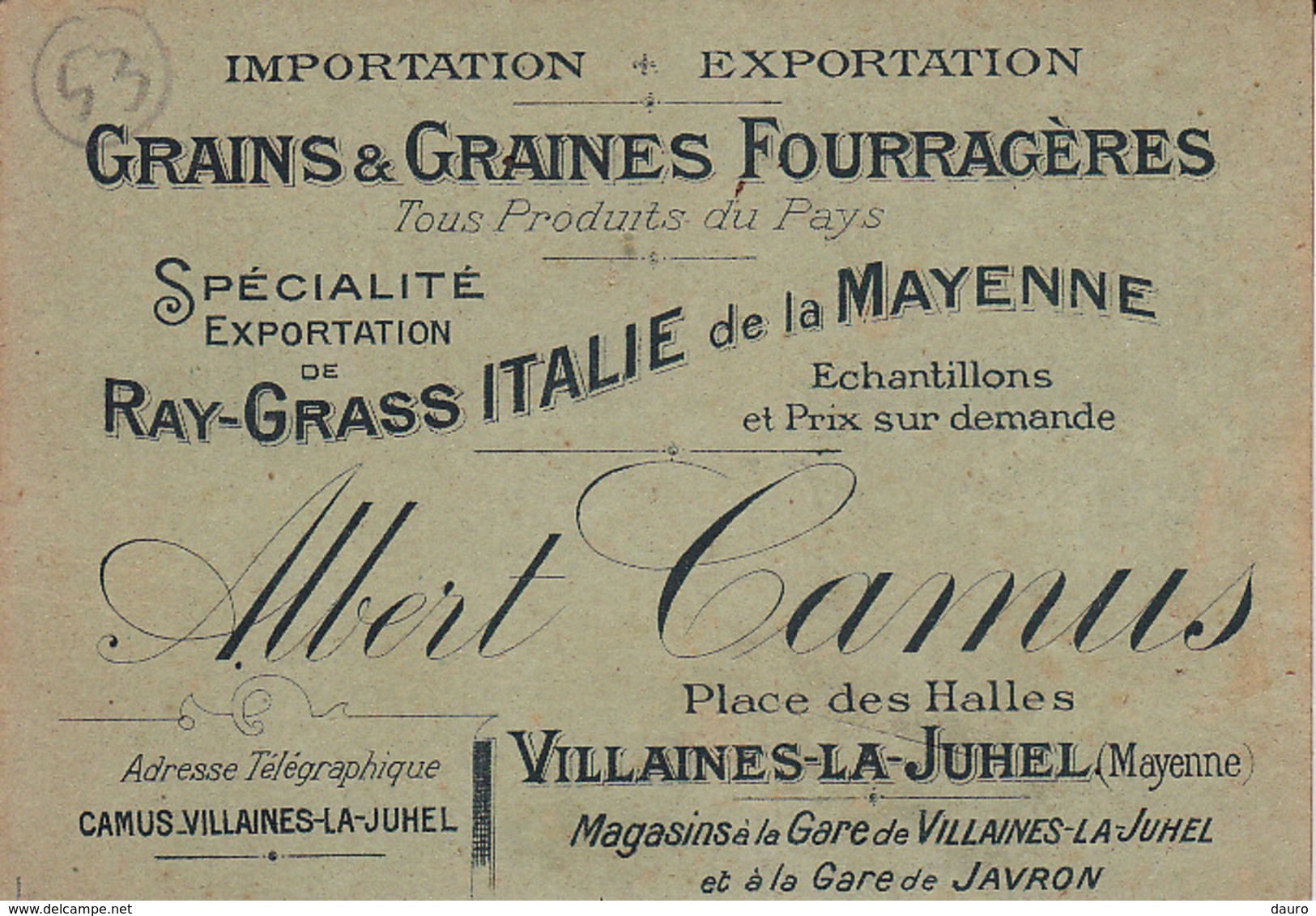 Villaines La Juhel Grains Et Graines Fourragères Albert Camus - Visitekaartjes