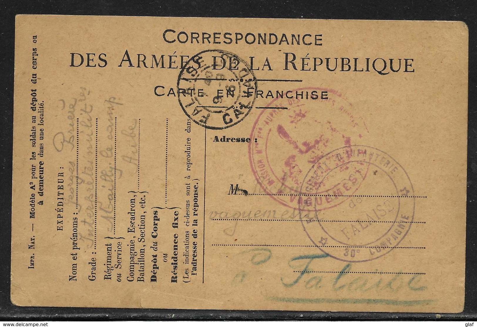 Guerre 14/18 : Cachet Mission Mre Fse Auprès Des Troupes Russes / CP FM Sans Drapeaux + Tàd Falaise / Calvados 9.9.1916 - Lettres & Documents