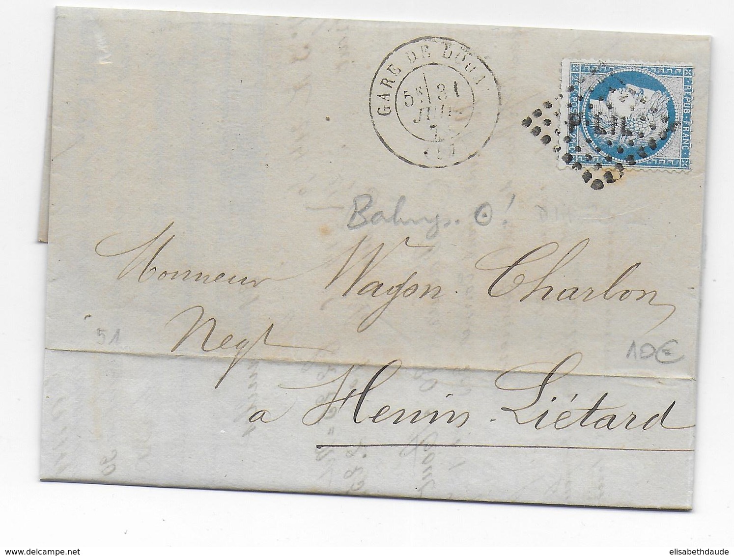 1873 - CACHET De GARE - LETTRE De DOUAI (NORD) Avec ETIQUETTE COMMERCIALE AU DOS - LOSANGE LIGNE PARIS à LILLE => HENIN - 1849-1876: Période Classique