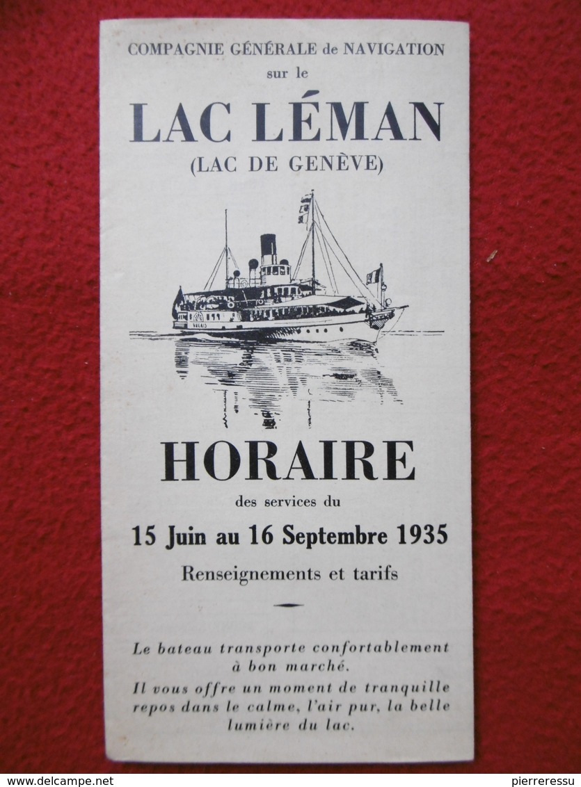 COMPAGNIE GENERALE DE NAVIGATION SUR LE LAC LEMAN HORAIRES DES SERVICES DU 15 JUIN AU 16 SEPTEMBRE 1935 - Europe