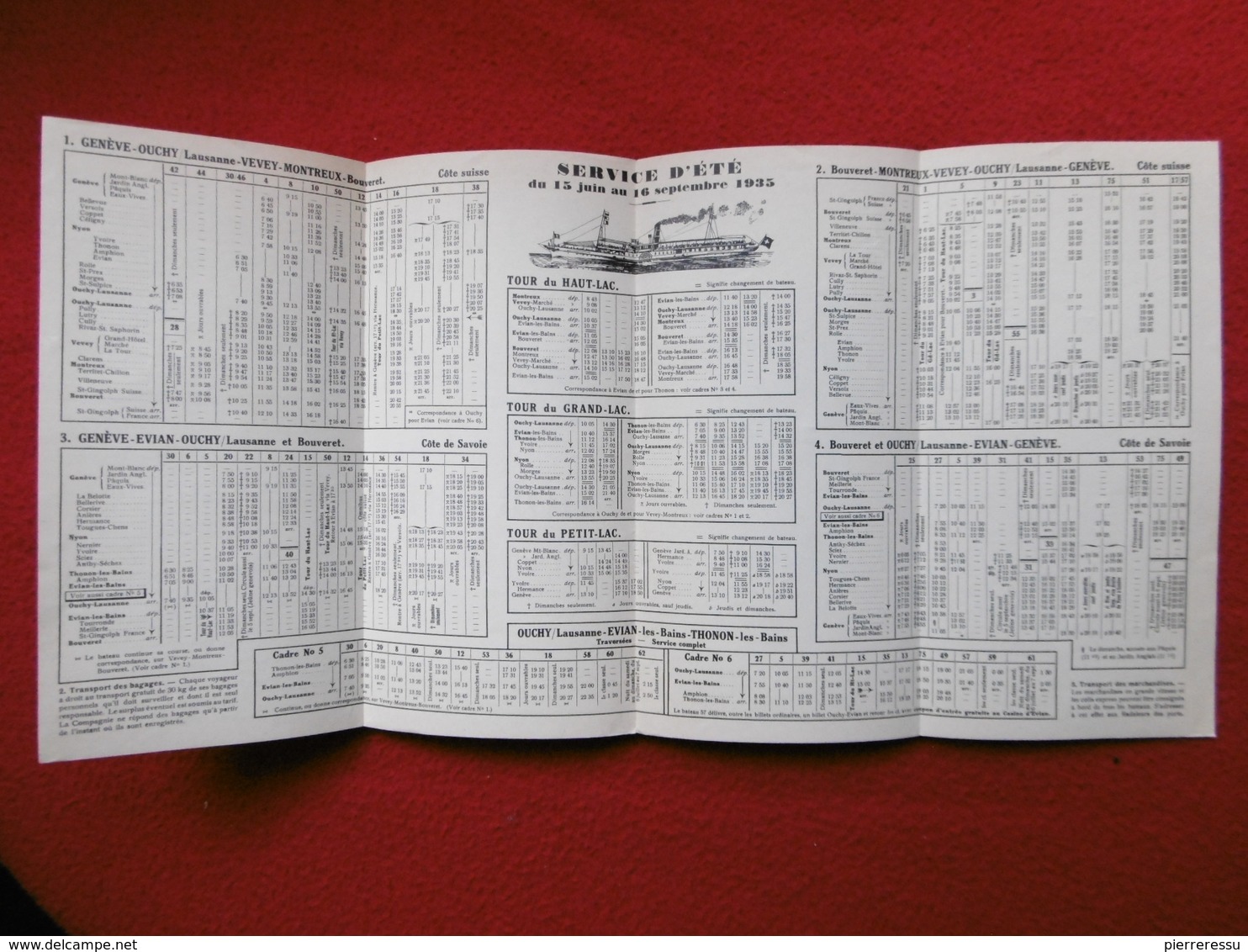 COMPAGNIE GENERALE DE NAVIGATION SUR LE LAC LEMAN HORAIRES DES SERVICES DU 15 JUIN AU 16 SEPTEMBRE 1935 - Europe