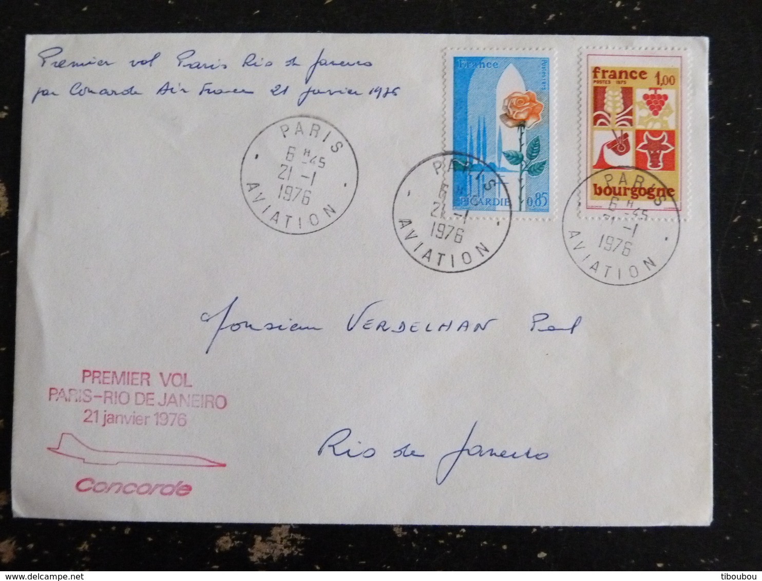 PREMIER VOL PARIS RIO DE JANEIRO 21 JANVIER 1976 PAR CONCORDE AIR FRANCE - CACHET ROND MANUEL PARIS AVIATION - Premiers Vols