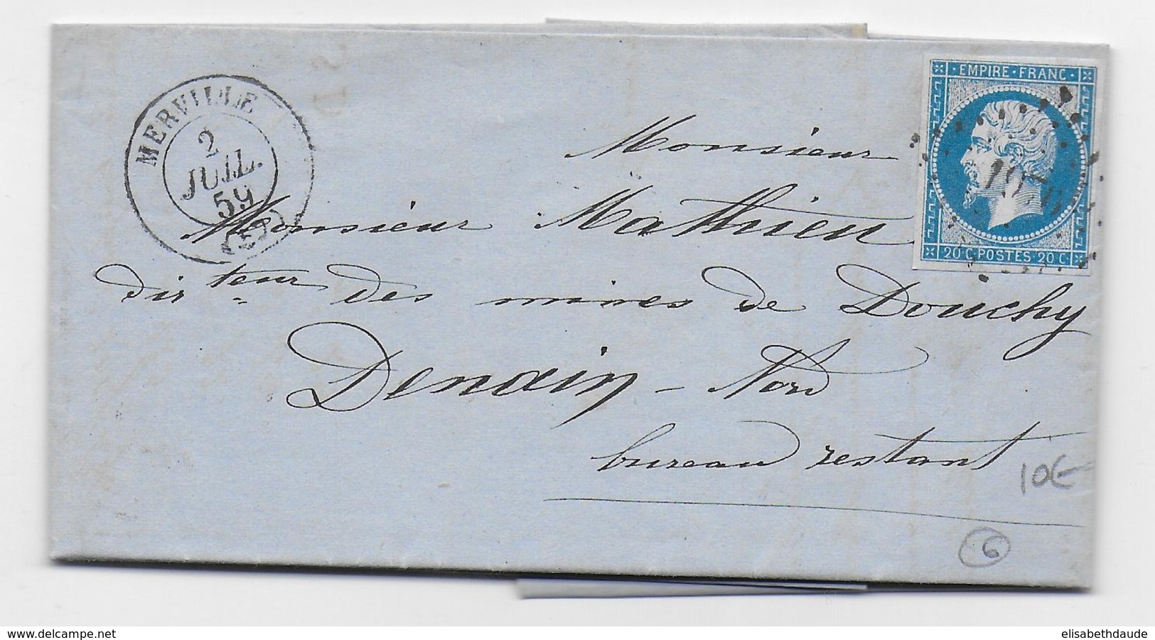 1859 - LETTRE De MERVILLE (NORD) Avec PC 1970 => DENAIN - IND 6 - 1849-1876: Période Classique
