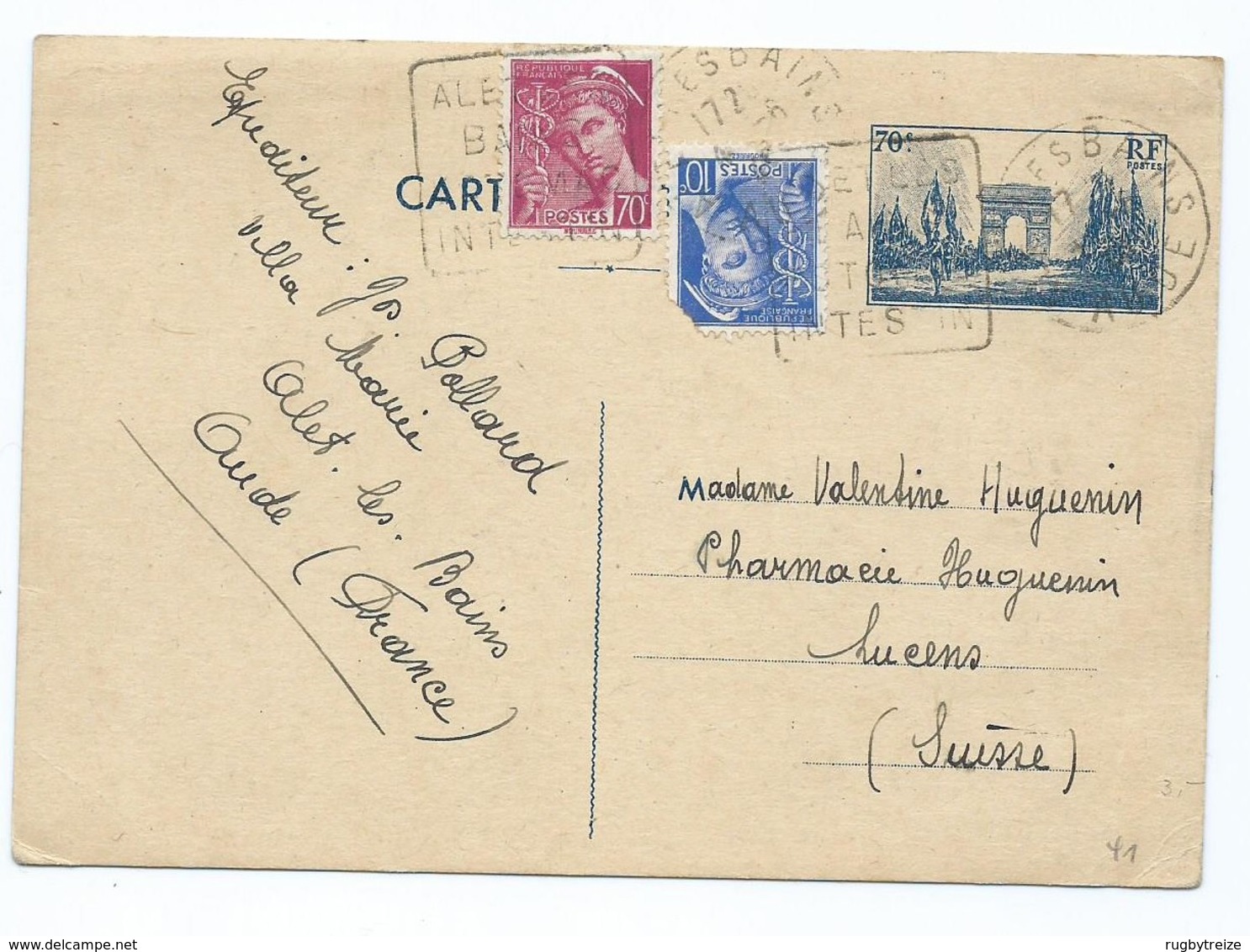3269 - Entier Postal Arc De Triomphe 1940 WW2 ALET LES BAINS Lucens Mercure BALLAUD BALLARD Daguin - Cartes Postales Repiquages (avant 1995)