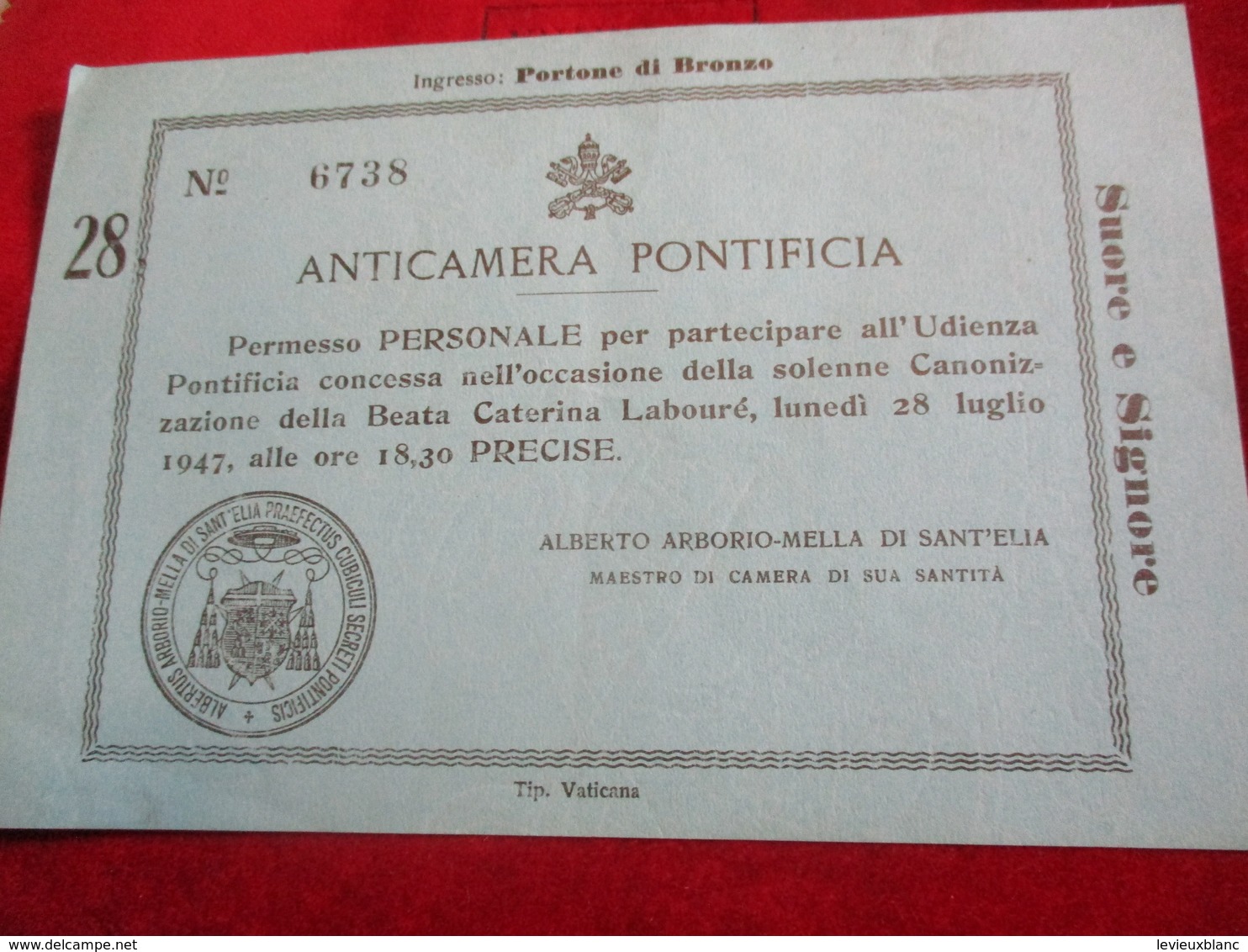 Billet De Participation/ ANTICAMERA PONTIFICA/Audience Pontificale/Canonisation Catherine Labouré/1947      TCK163 - Religion & Esotérisme