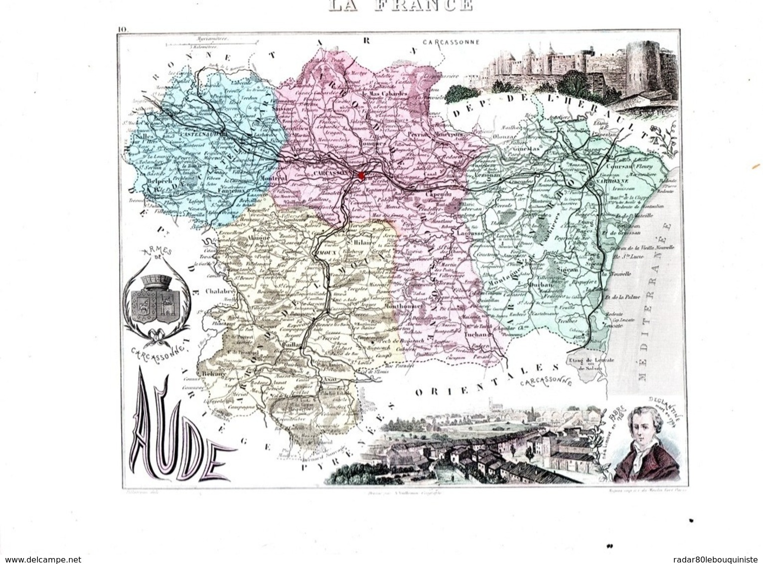 AUDE.dressé Par Vuillemin Géographe .carte : 223  X 180 Mm .rehaussée En Couleurs.gravé Par Alès.1873 - Cartes Géographiques