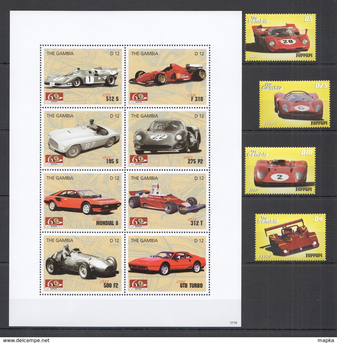 F339 2007 GAMBIA RACING FORMULA 1 F1 CARS FERRARI HISTORY 1SET+1KB MNH - Autos