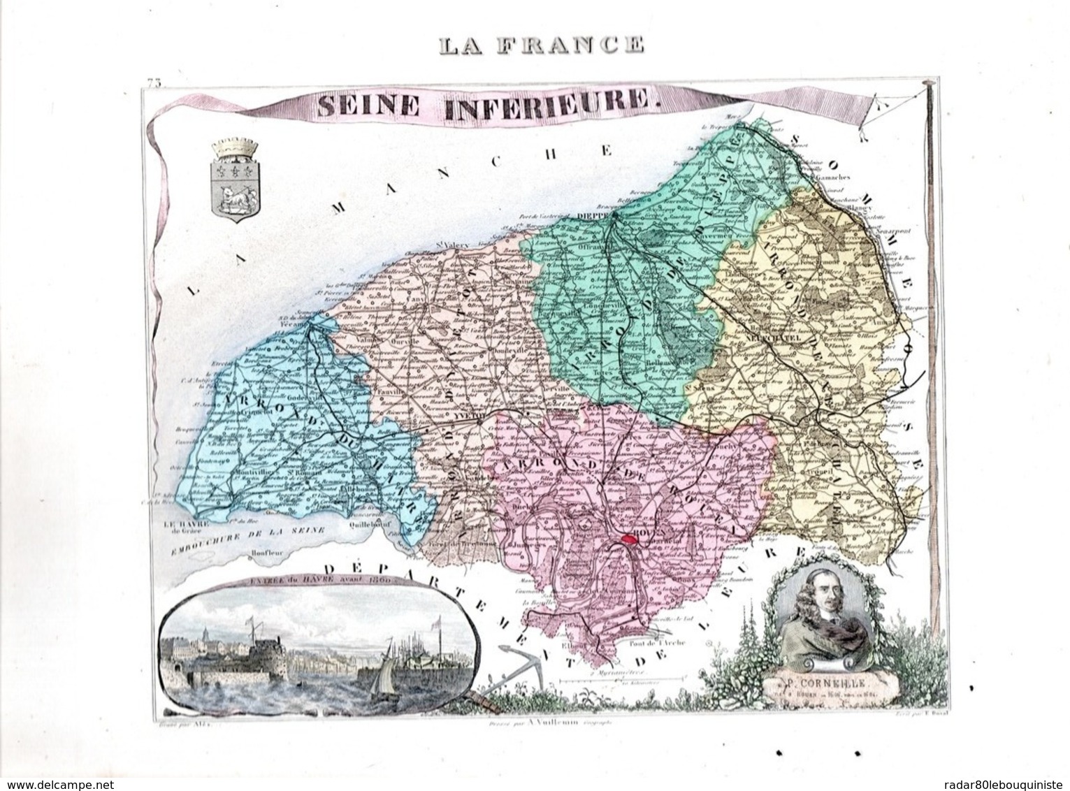 SEINE INFERIEURE.dressé Par Vuillemin Géographe .carte : 223  X 180 Mm .rehaussée En Couleurs.gravé Par Alès.1873 - Cartes Géographiques