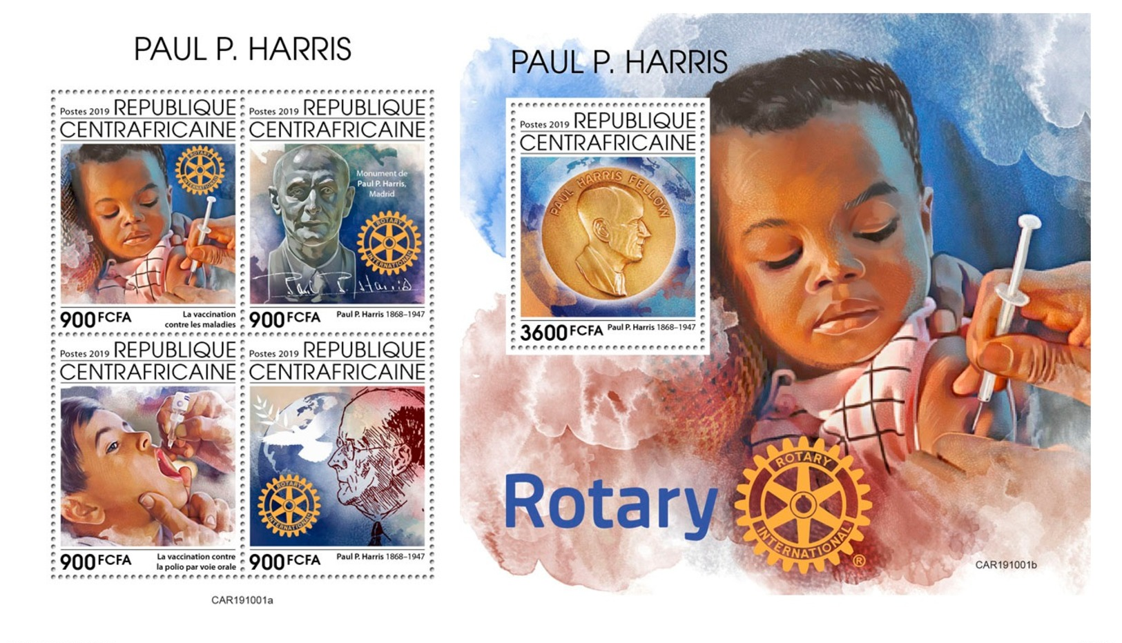 Central Africa 2020 Paul Harris Rotary Polio Medicine MS+S/S CA191001 - Autres & Non Classés