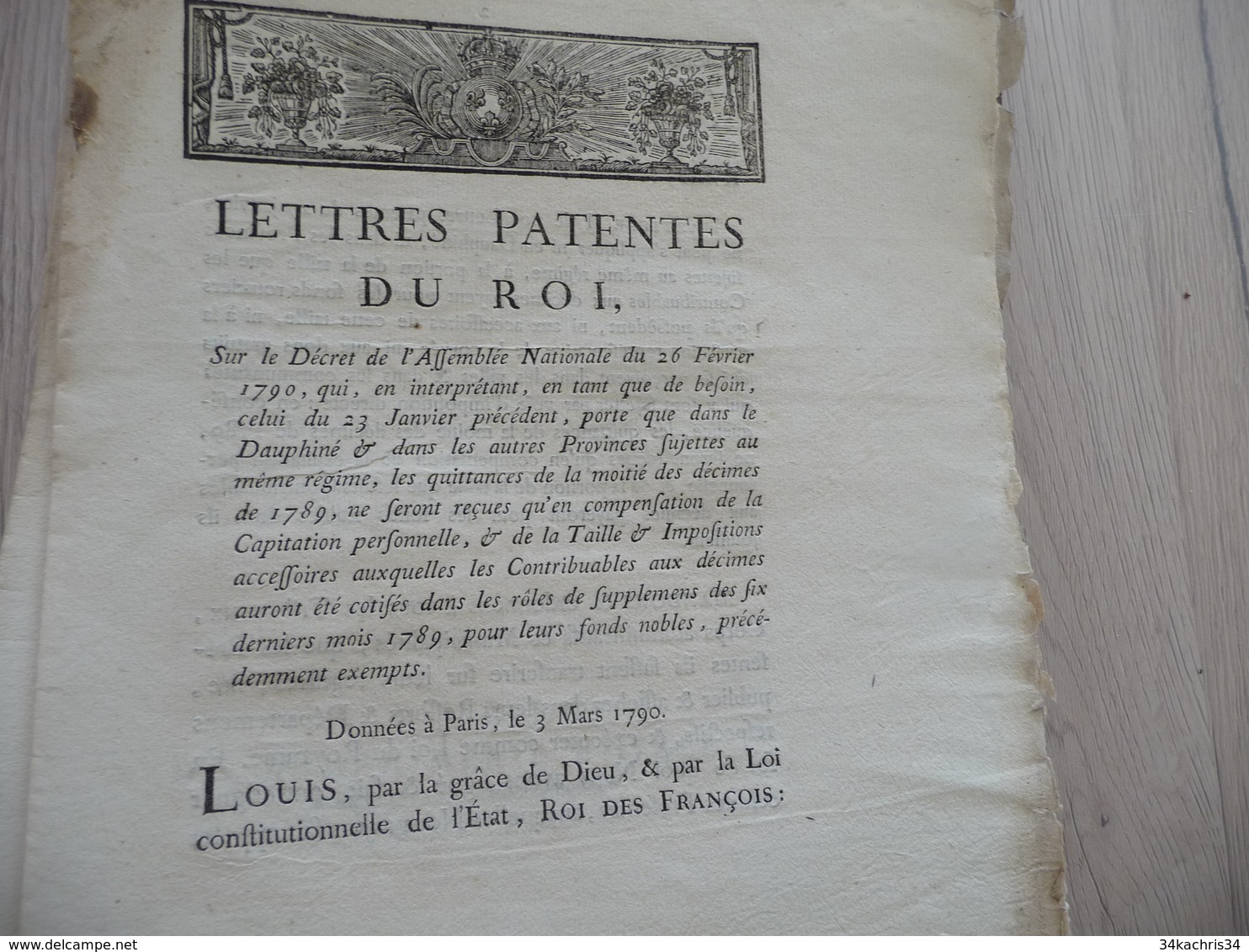 Lettres Patentes Du Roi  03/03/1790 Dauphines Quittances Capitation - Gesetze & Erlasse