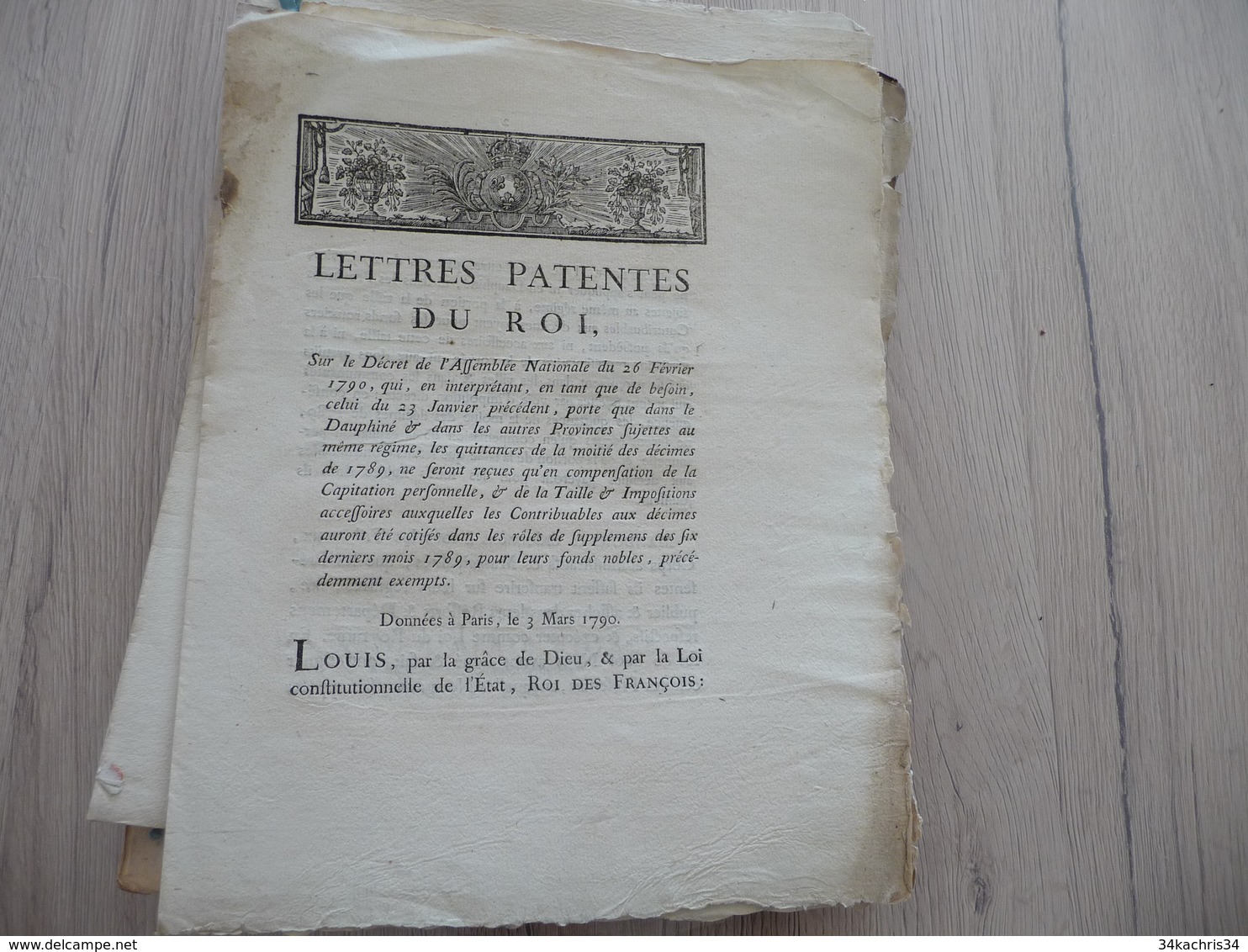 Lettres Patentes Du Roi  03/03/1790 Dauphines Quittances Capitation - Gesetze & Erlasse