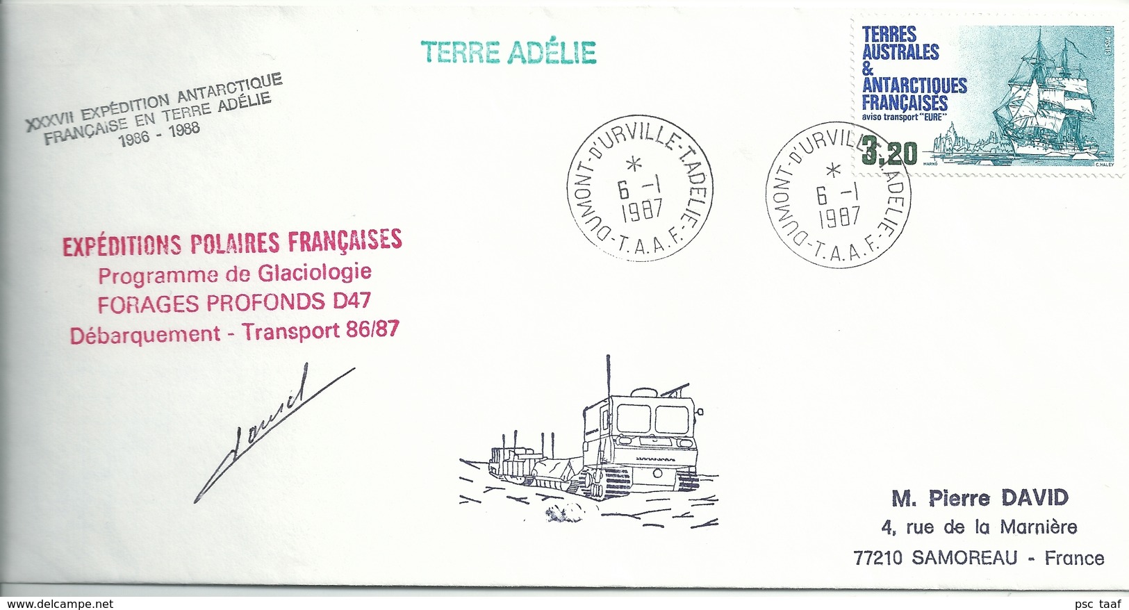 YT 129 - Aviso Eure - Dumont D'Urville - Terre Adélie - 06/01/1987 - Lettres & Documents