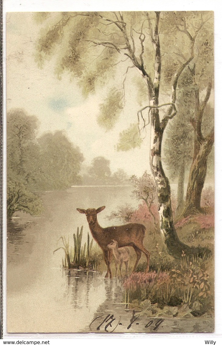 AN 1111, OLD FANTASY POSTCARD ,  FINE ART , PAINTINGS , DEER , - Autres & Non Classés