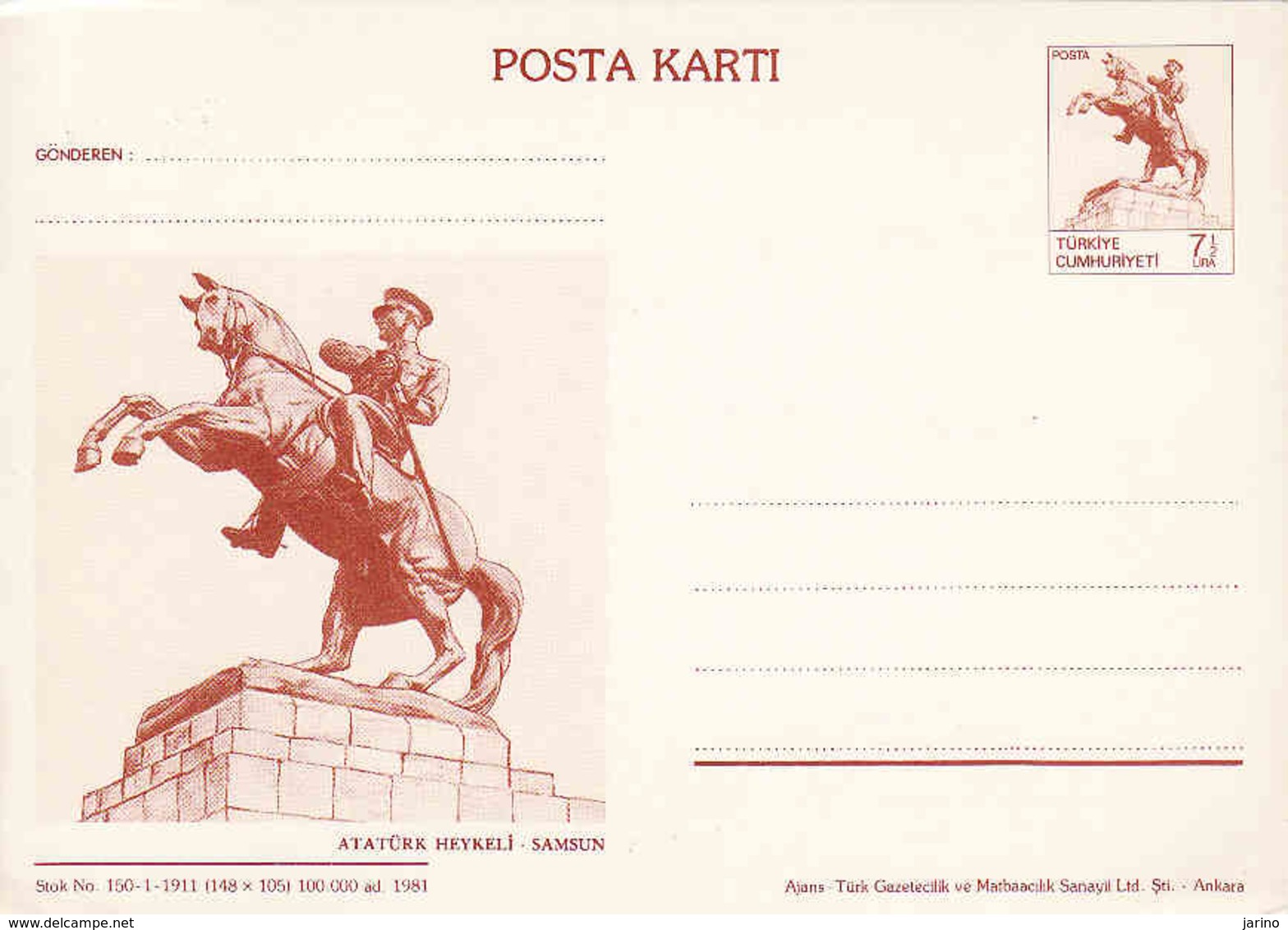 Turkey, Stamped Card, Stamped Stationary 1981, Ataturk Heykeli - Samsung, Denkmal, Ungebraucht - Sonstige & Ohne Zuordnung