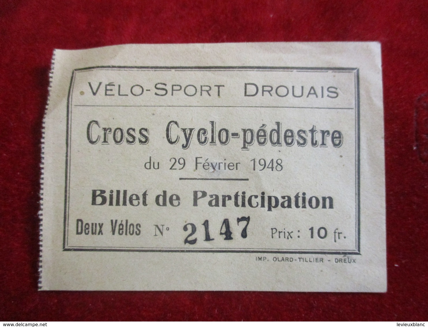 Billet De Participation/ Vélo-Sport Drouais / Cross Cyclo-pédestre/ DREUX /Ollard Tillier/ 1948   TCK168 - Ciclismo