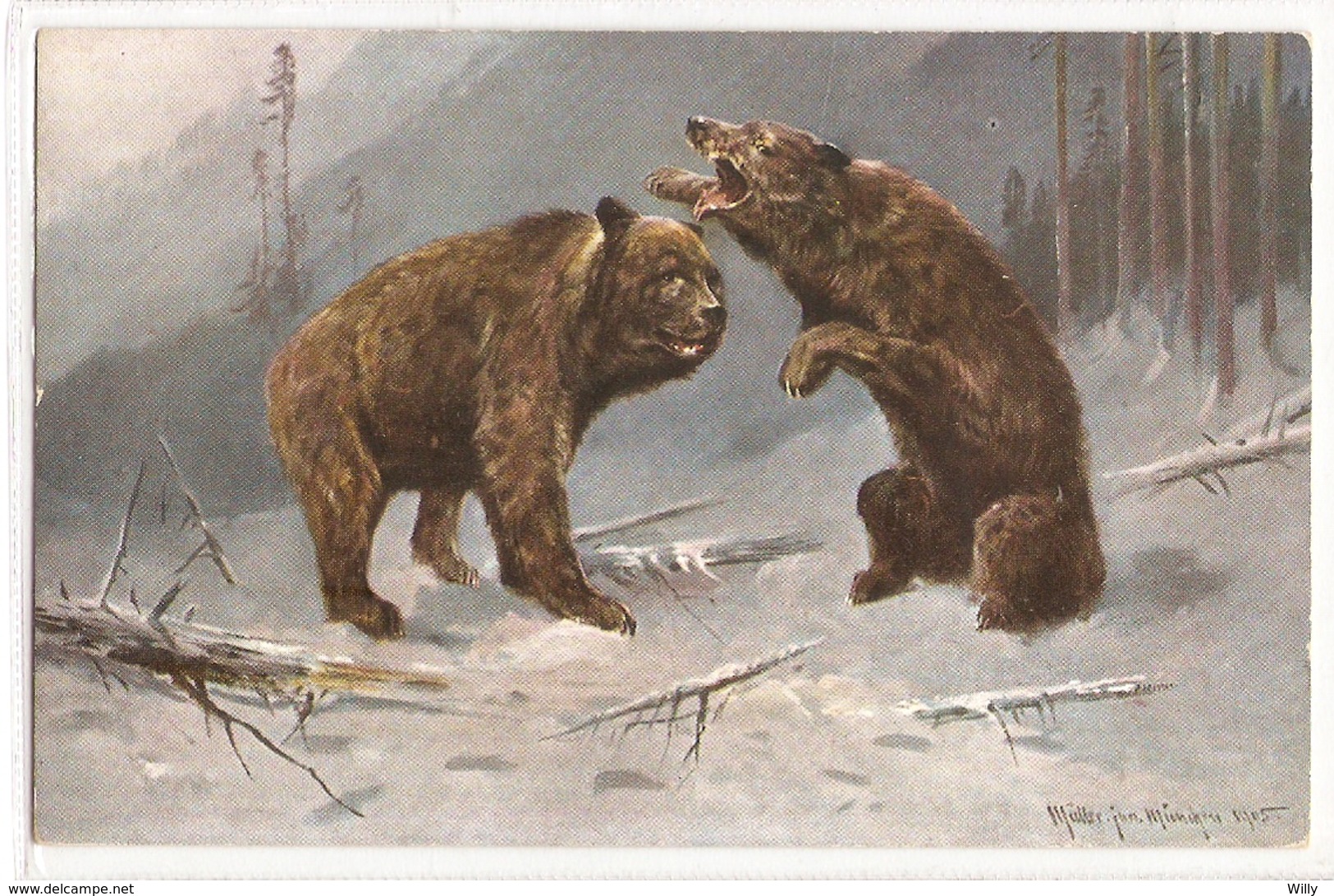 AN 1118, OLD FANTASY POSTCARD ,  FINE ART , PAINTINGS , BEARS , Signed AUGUST MUELLER - Ours