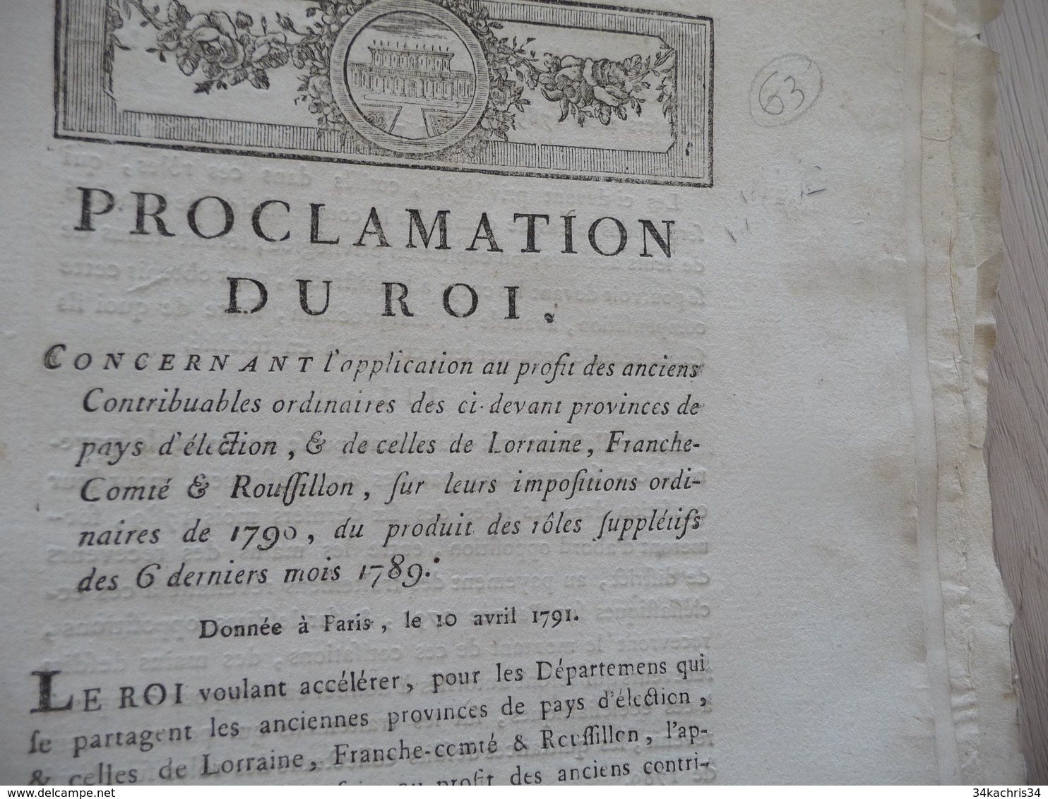 Proclamation Du Roi 10/04/1791 Impositions Lorraine Franche Comté Roussillon - Décrets & Lois