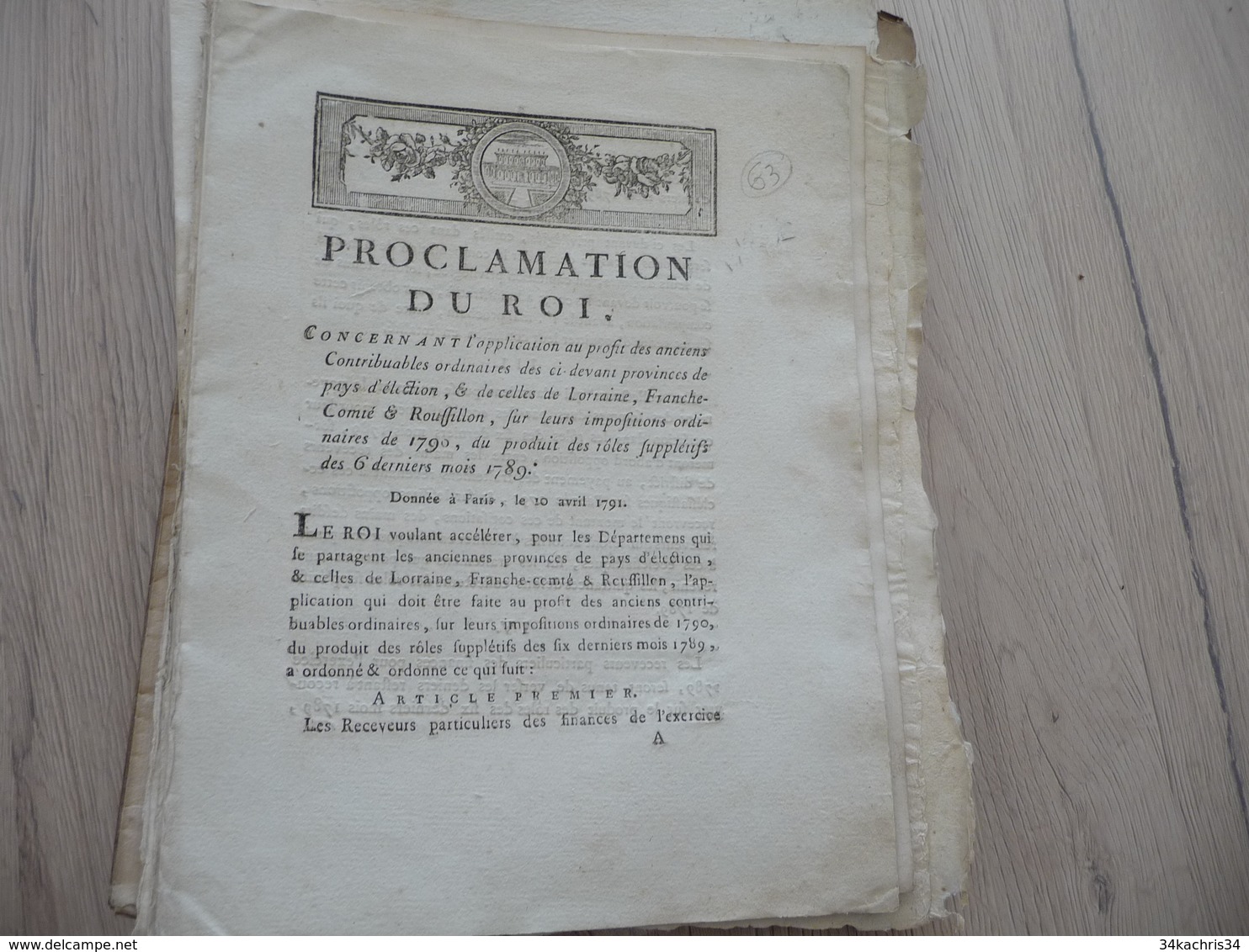 Proclamation Du Roi 10/04/1791 Impositions Lorraine Franche Comté Roussillon - Décrets & Lois