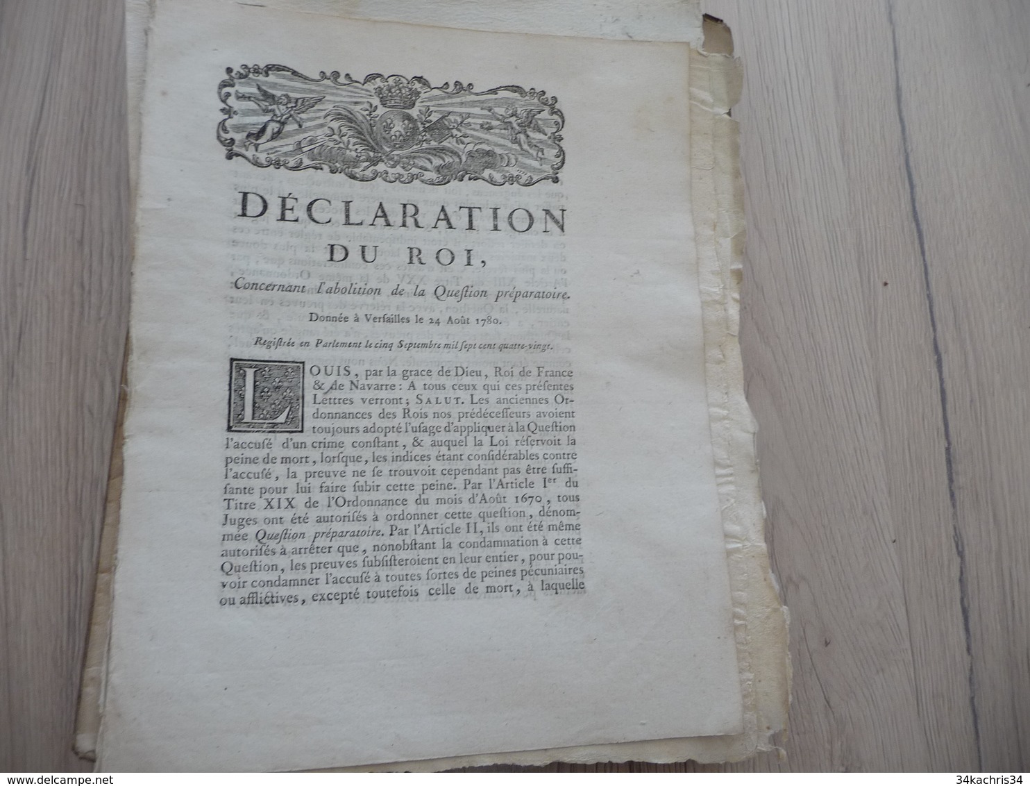 Déclaration Du Roi 24/08/1780 Abolition De La Question Préparatoire - Décrets & Lois