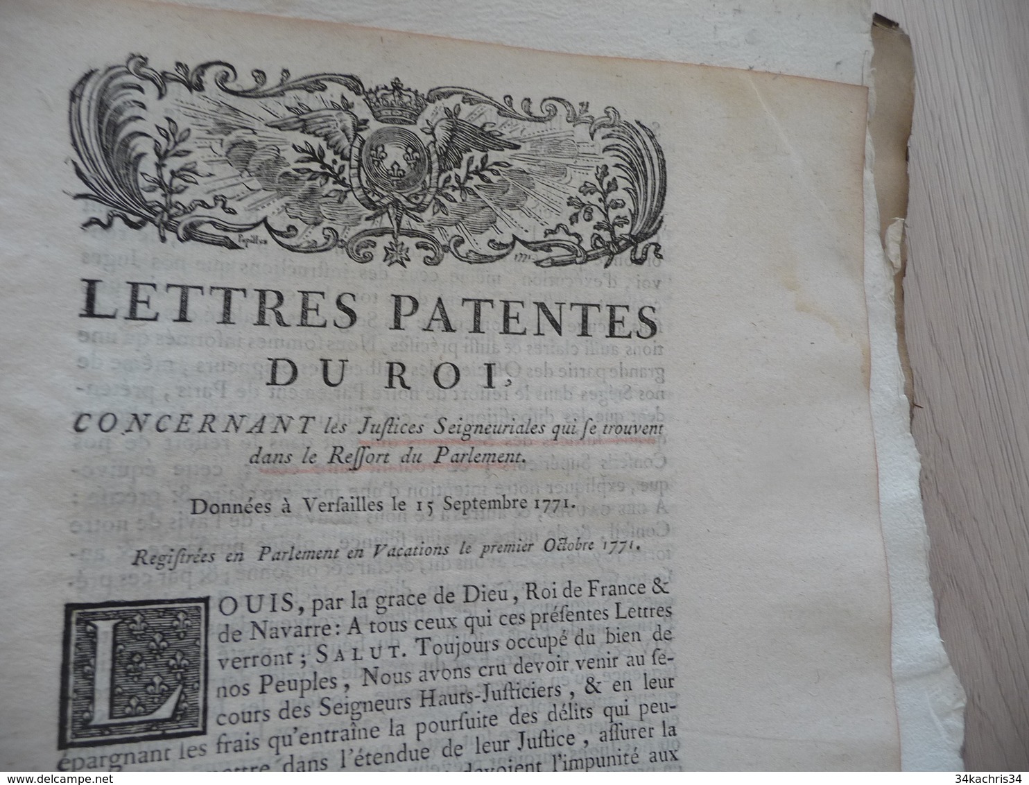 Lettres Patente Du Roi 15/09/1771 Justices Seigneuriales Dans Le Ressort Du Parlement - Decreti & Leggi