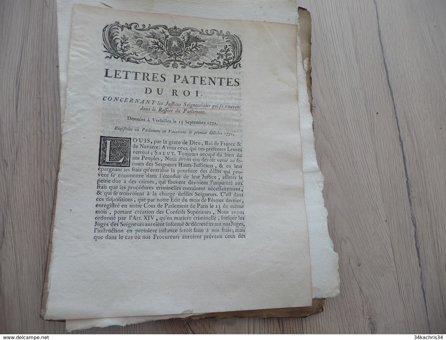 Lettres Patente Du Roi 15/09/1771 Justices Seigneuriales Dans Le Ressort Du Parlement - Wetten & Decreten