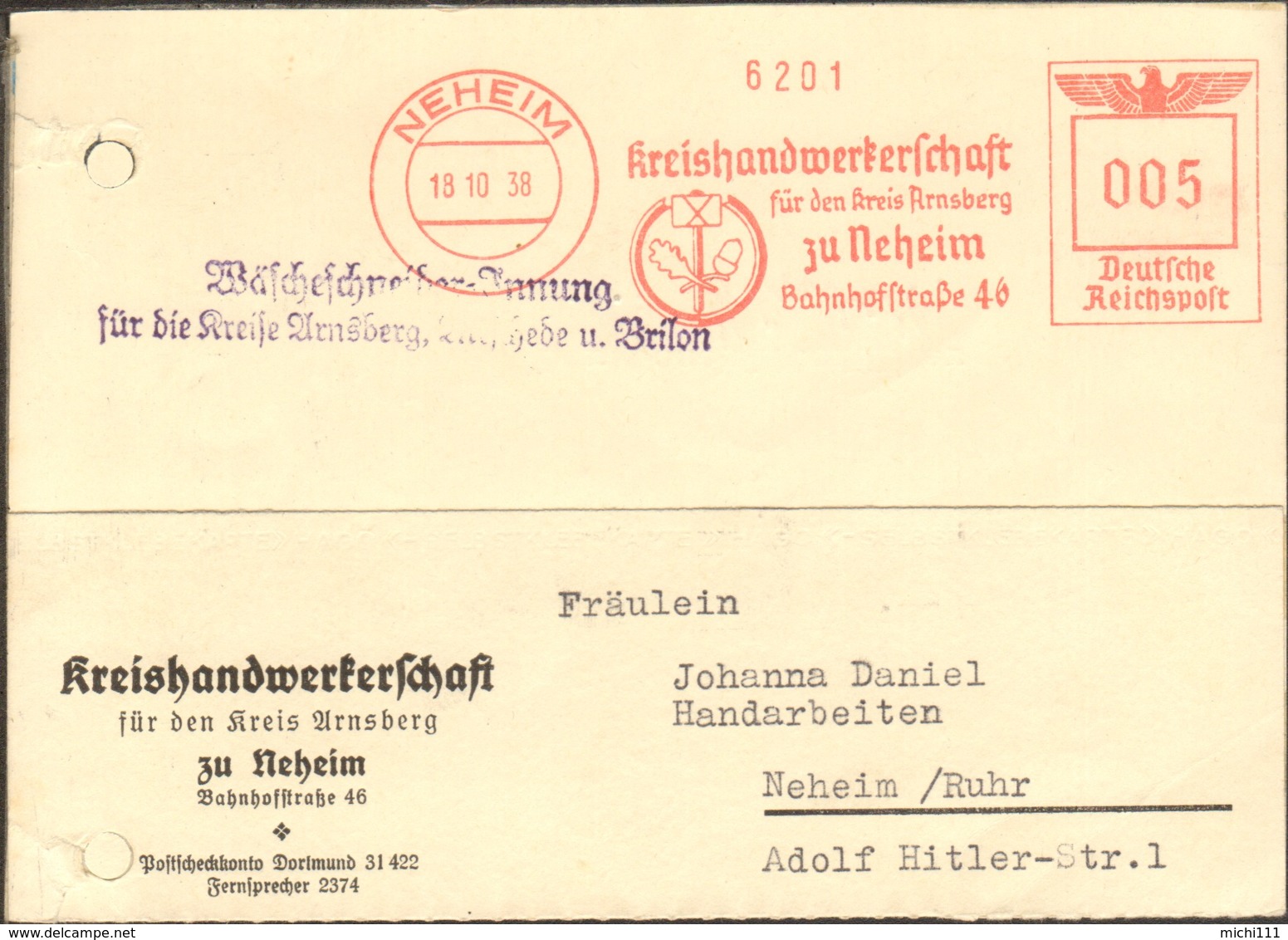 DR Freistempel D.Kreishandwerkerschaft Neheim V.1938 Auf Ortspostkarte - Lettres & Documents