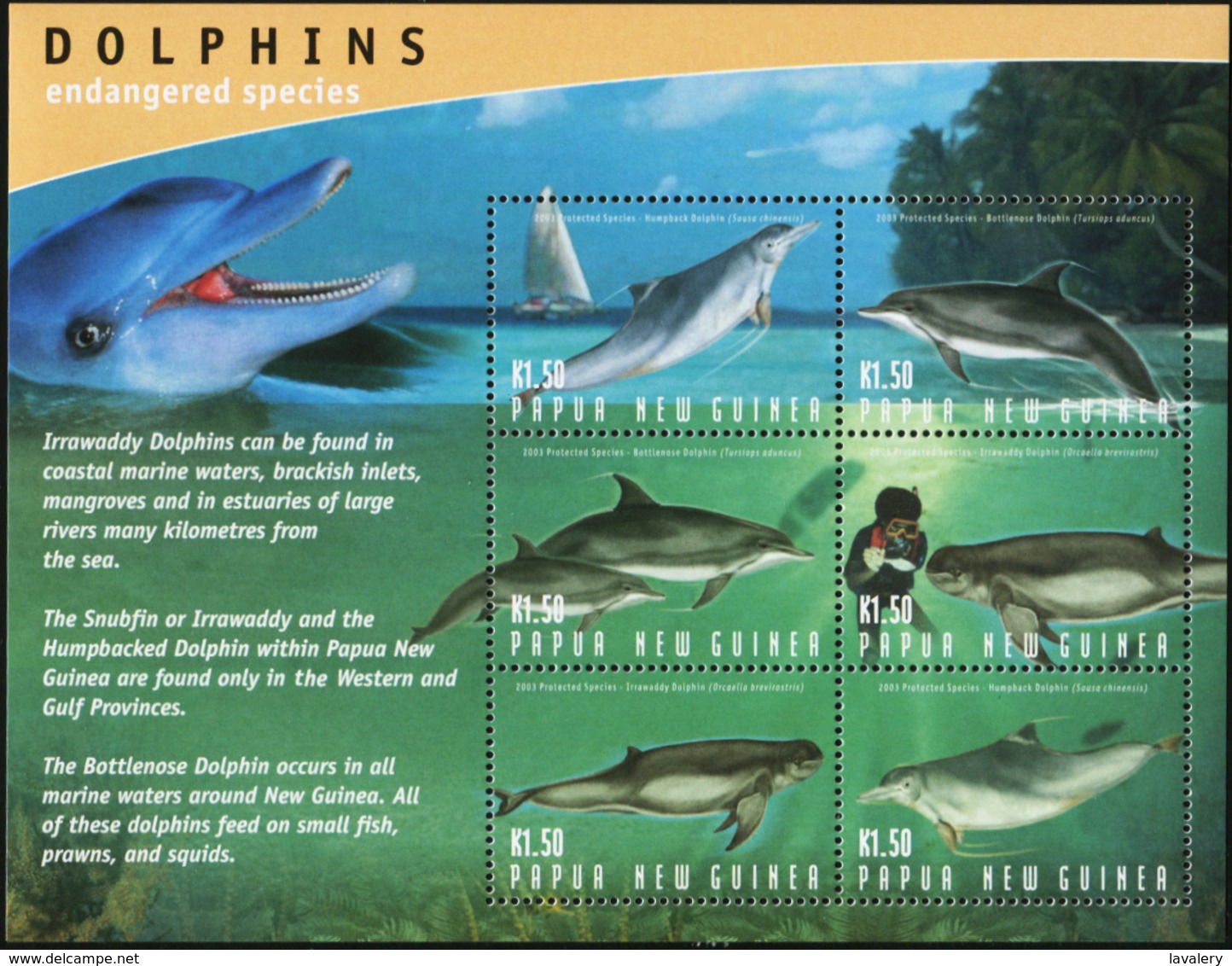 PAPUA NEW GUINEA 2003 Endangered Species Dolphins Marine Mammals Animals Fauna MNH - Dolphins
