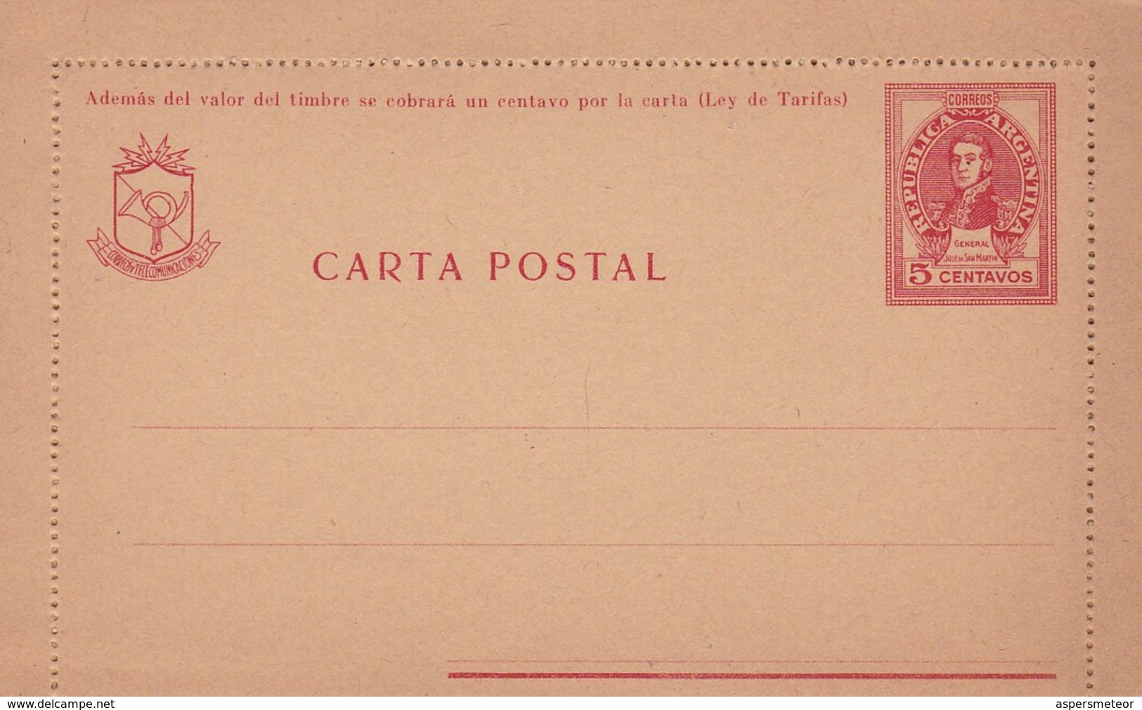 ARGENTINA CARTA POSTAL ENTERO CIRCA 1910's. GENERAL JOSE DE SAN MARTIN. ENTIRE POSTCARD ENTIER -LILHU - Postwaardestukken