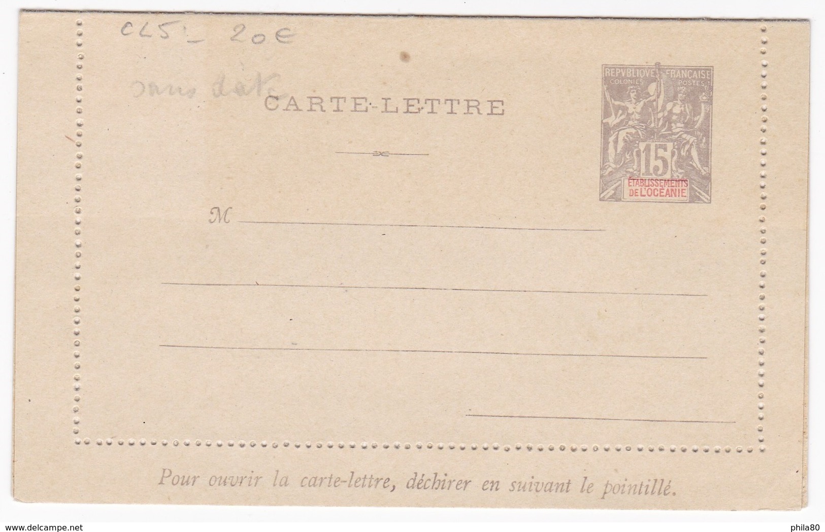 Ets Oceanie Entier Postal  Carte Lettre  CL5 15c Gris Sans Date - Lettres & Documents