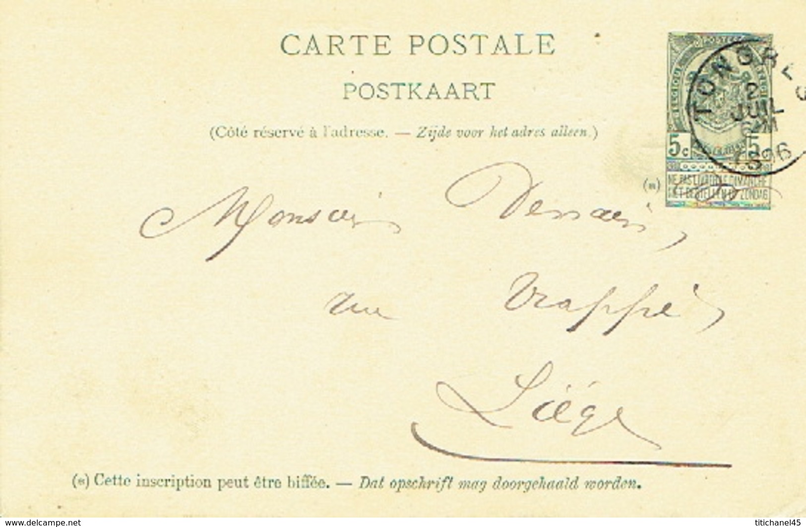 Entier Postal Armoiries TONGRES 1896 Vers LIEGE - Repiquage Vve DEMARTEAU-THYS & Fils  Imprimerie-librairie Te  TONGEREN - Tongeren