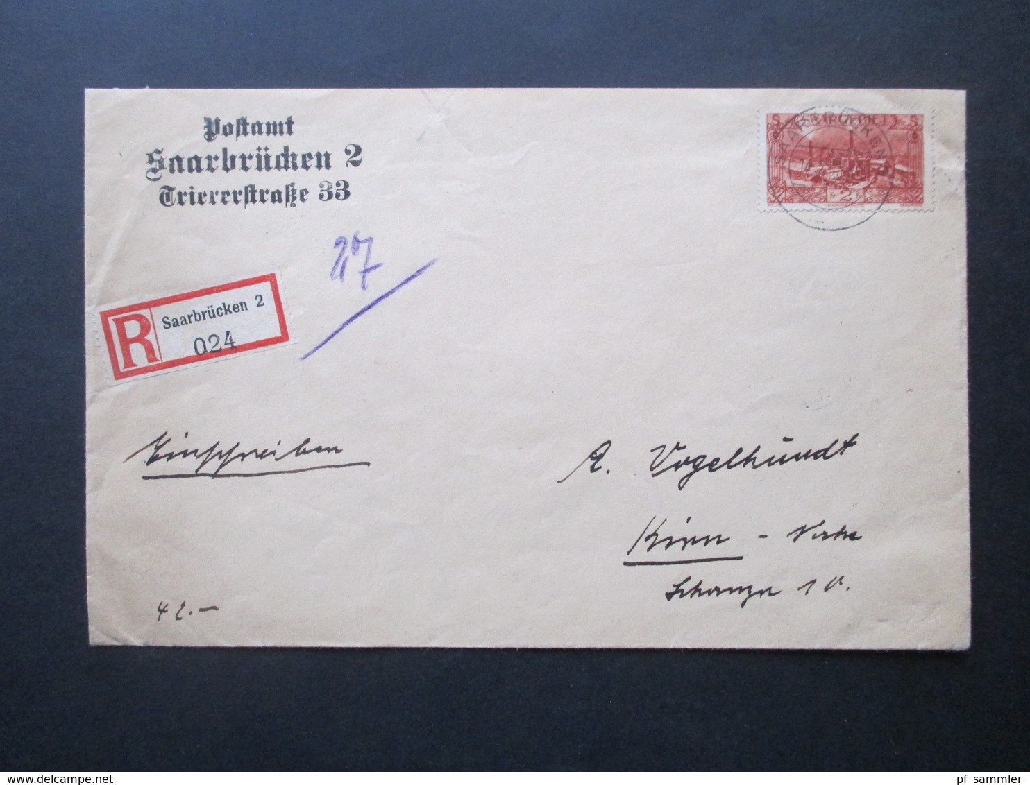 Saargebiet Verwendet Februar 1935  Nr. 119 EF Einschreiben Des Postamt Saarbrücken 2 Triererstraße 33 Nach Krim - Cartas & Documentos