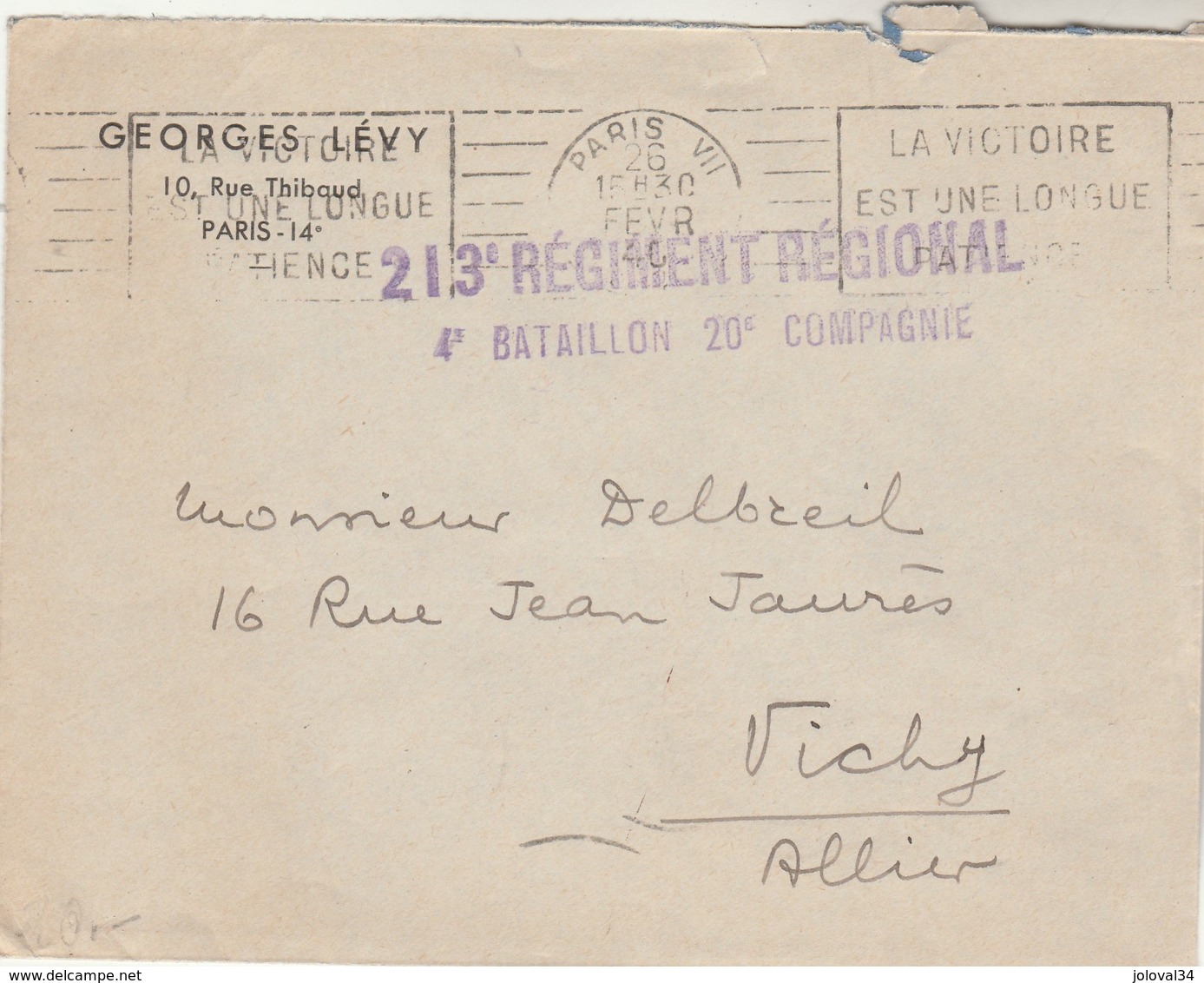 Lettre Franchise Cachet Griffe 213 è Régiment Régional 4 è Bataillon 20 è Compagnie Flamme PARIS VII 26/2/1940 à Vichy - Guerre De 1939-45