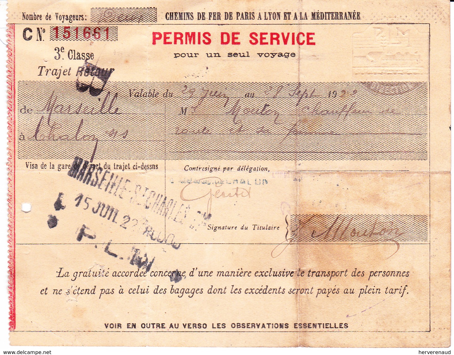 Permis De Circulation PLM De Marseille à Chalon-sur-Saône (1922) - Autres & Non Classés