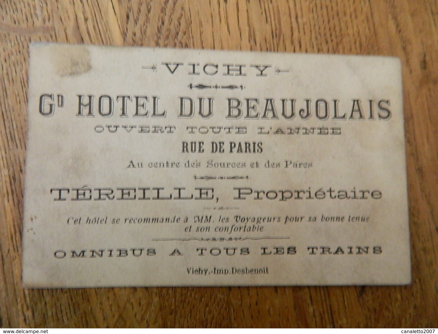 VICHY:CARTE DU GRAND HOTEL DU BEAUJOLAIS -RUE DE PARIS -PROPRIETAIRE : TEREILLE - Publicités