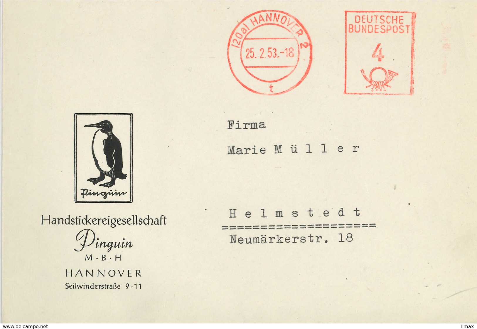 20a Hannover 1953 - Pinguin Handstickerei - Illustriertes Kuvert - Lettres & Documents