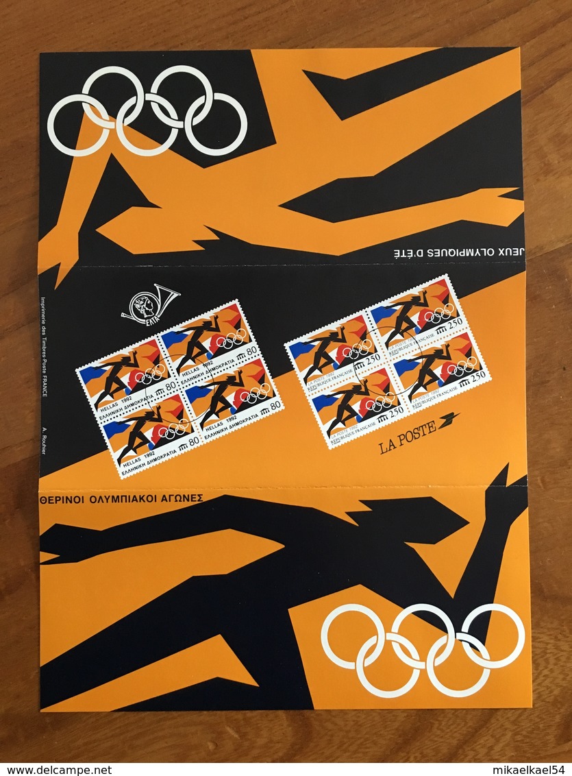 Pochette Philatélique D'émission Commune FRANCE-GRECE Jeux Olympiques D'Été - 1992 - Neuf - Blocs Souvenir