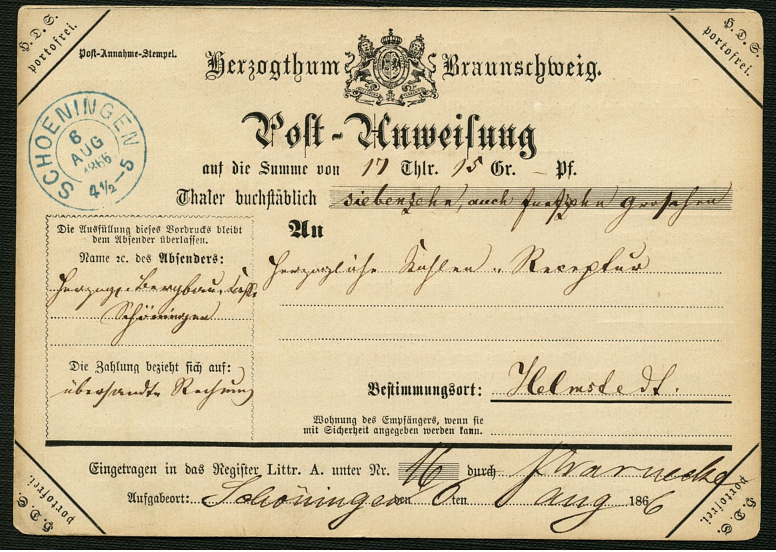 BRAUNSCHWEIG 1866, POSTANWEISUNG UNFRANKIERT STPL-K2 SCHÖNINGEN AK HELMSTEDT - Brunswick